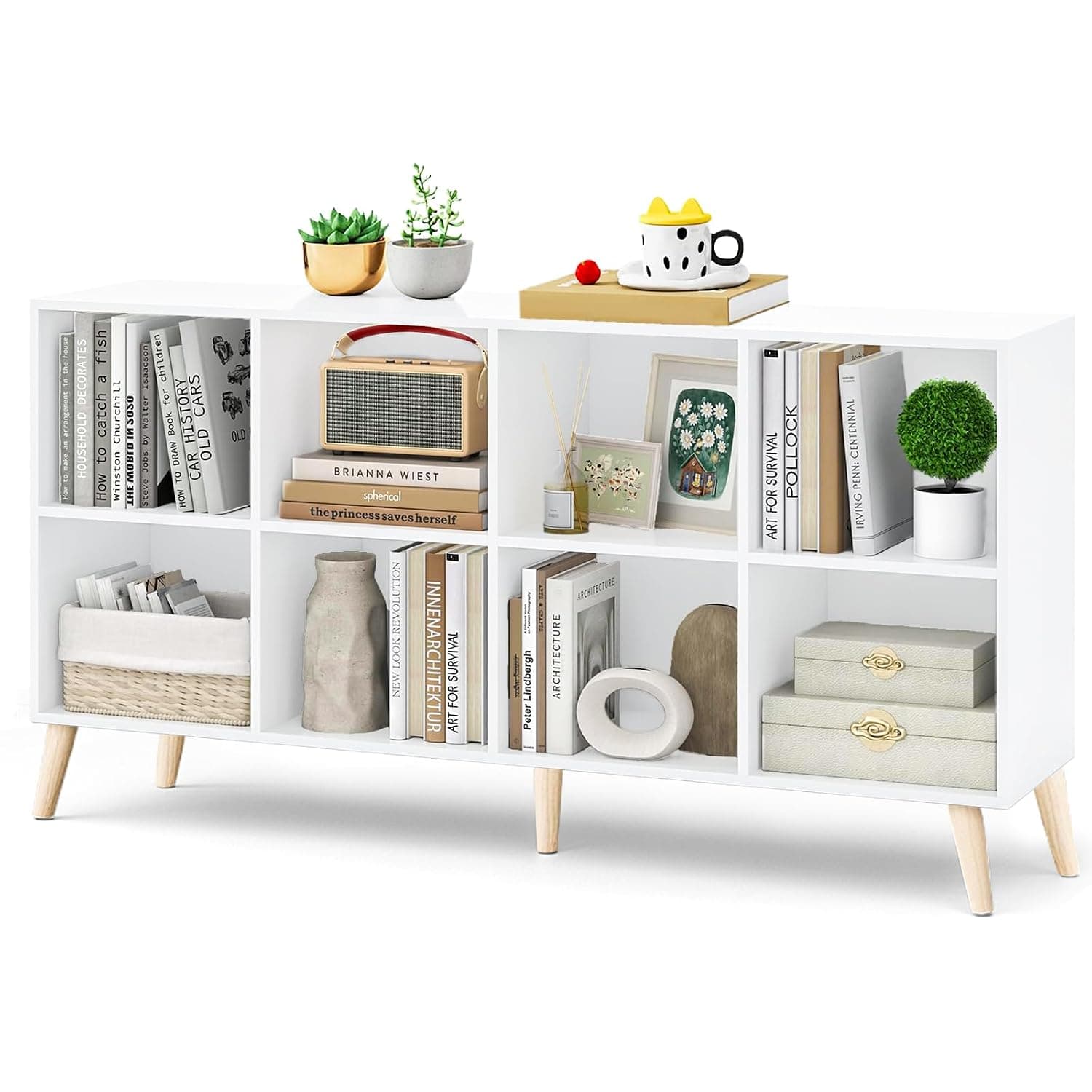 Bentifar 8-Cube Bookshelf Organizer – White Bookcase Storage Cabinet with Wooden Legs for Living Room, Bedroom, Office – Modern Display Shelf for Books, Toys & Decor (White)
