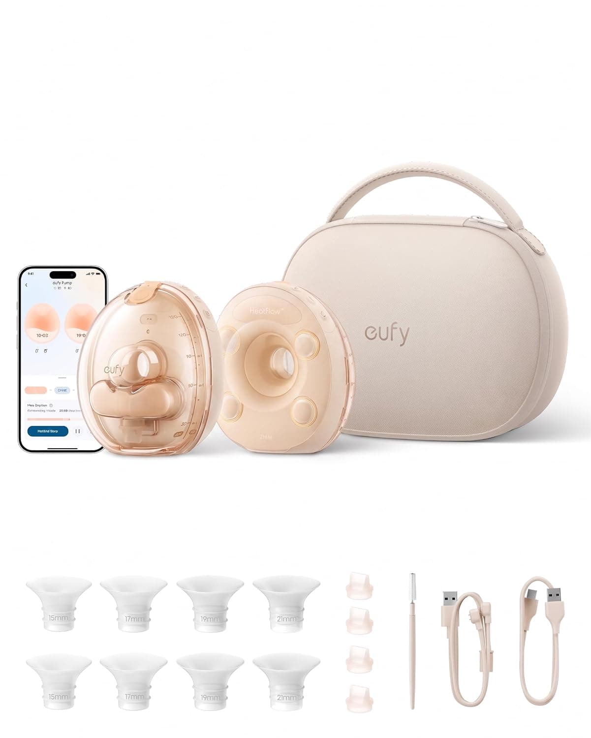 eufy Security Heated Massage Wearable Breast Pump S2 Pro, Charging Case | HeatFlow 2.0, VibraPump Massage, Nipple Light, Full Milk Alert, 7-Day Battery, App DIY Rhythm, Double-Sealed Flange