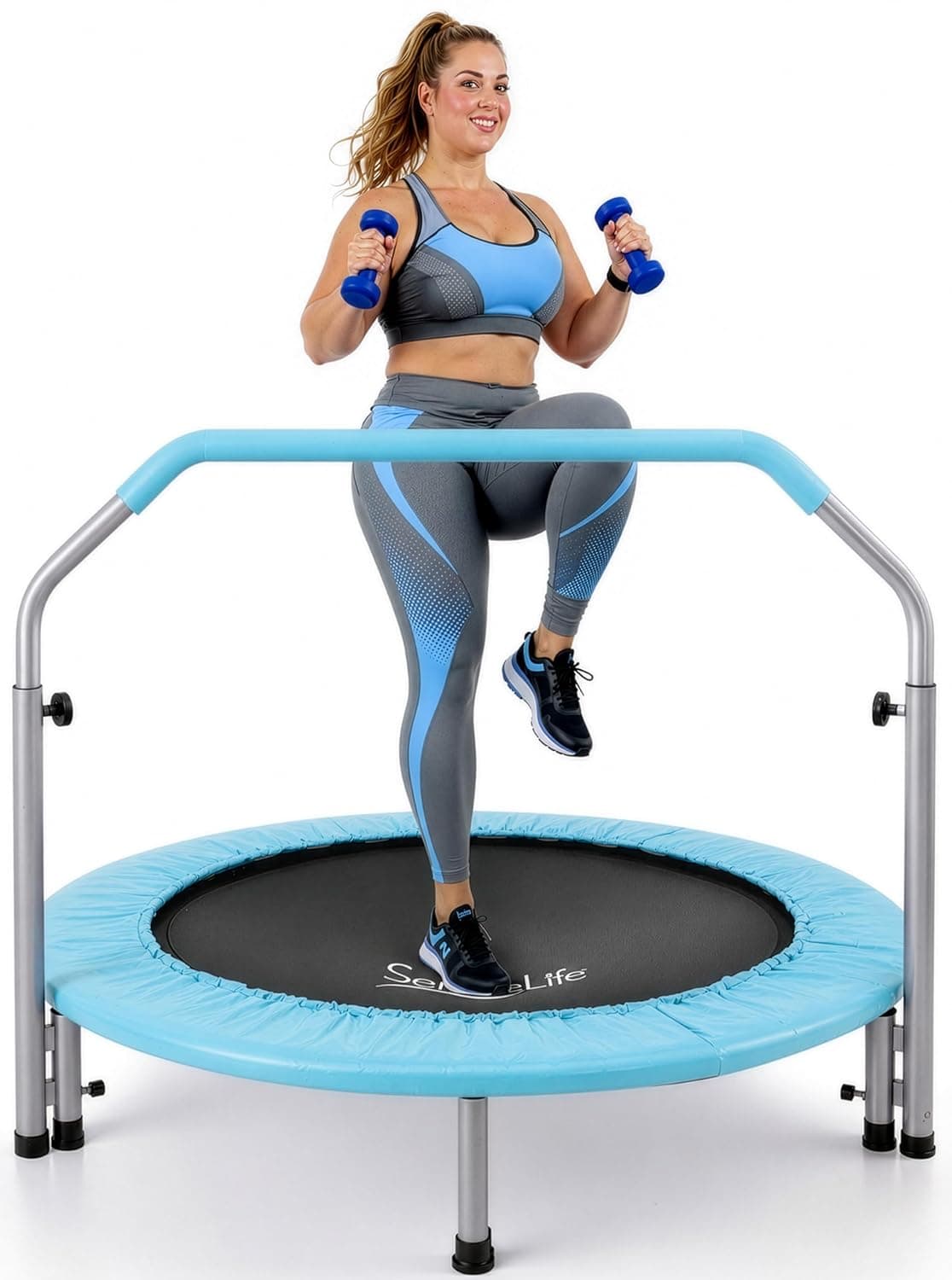 SereneLife 40" Foldable Mini Trampoline - Compact Fitness Trampoline for Kids Adults, Exercise Rebounder with Adjustable Foam Handle, Indoor/Garden Workout Equipment, Max Load 200 lbs, Sky Blue