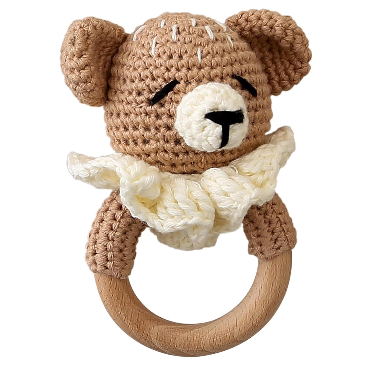 Wooden Baby Rattle with Crochet Bear, Infant Animal Toy for Early Development, Wooden Grip Training Toy with Soft Plush Design, Newborn Sensory Gift for Babies Boys and Girls