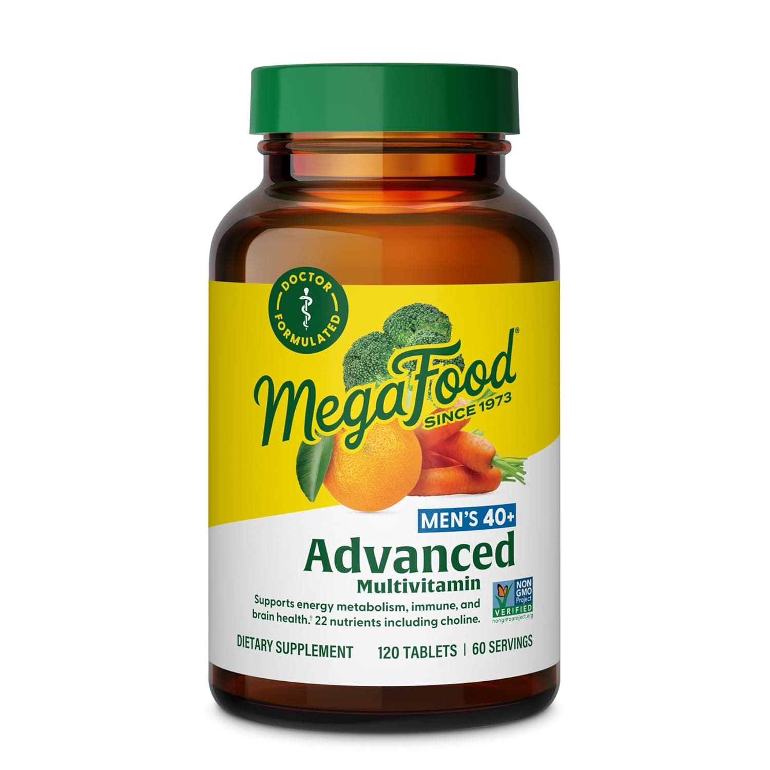 MegaFood Men's 40+ Advanced Multivitamin - Doctor-Formulated with Choline, B Vitamins, C, D, Zinc, Plus Real Food - Brain, Immune, Muscle, and Bone Support - Vegetarian - 120 Tabs (60 Servings)