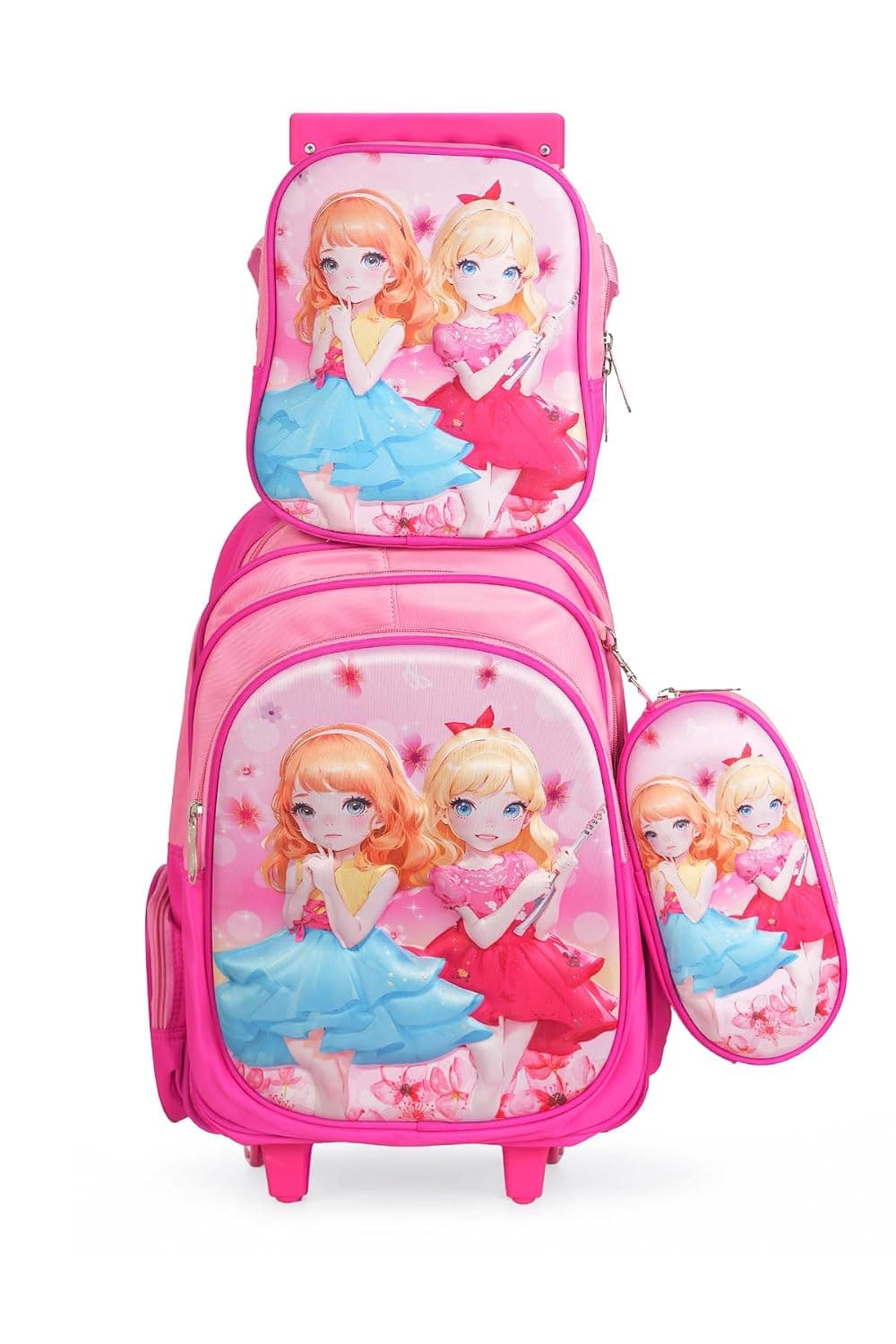 KTMC Kids 3-Piece Rolling Trolley School Bag Set with Backpack, Tiffin Bag & Pencil Case Lightweight Wheeled Book Bag for Baby Girls- Dark Purple & Light Purple 9912