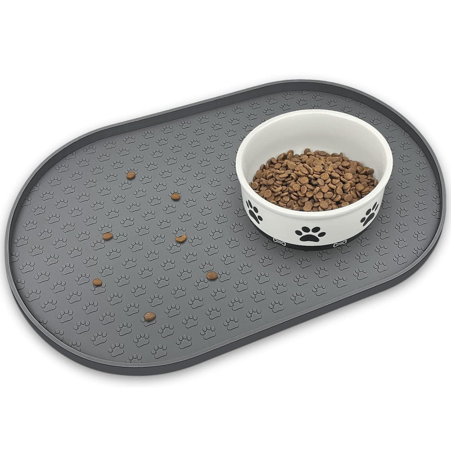 Pet Placemat for Dog and Cat, Silicone Pet Food Mats, 1CM Raised Edges Feeding Mat for Prevent Food and Water Overflow, Suitable for Small, Medium and Big Pets (Grey, 48 * 30CM)