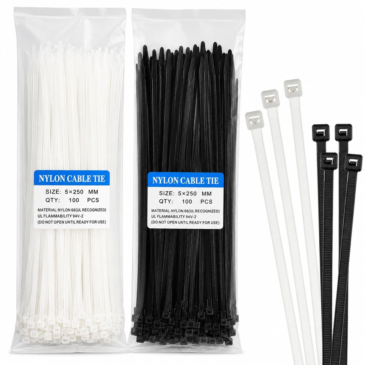 25cm Nylon Cable Tie with Self Lock Design, 100 PCS white and 100 PCS black Zip Ties 9.8 Inches for Various Using Scenarios, Heavy Duty Cable Ties Indoor Outdoor Necessary Tools
