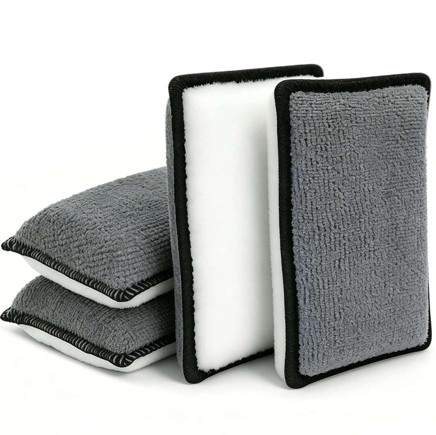 Car Detailing Pads, 4 Pack Double Sided Cleaning Pads for Interior and Exterior Care, Reusable Wash Scrub Applicator for Leather, Plastic, Seats, Panels, Glass and Trim, Grey & White