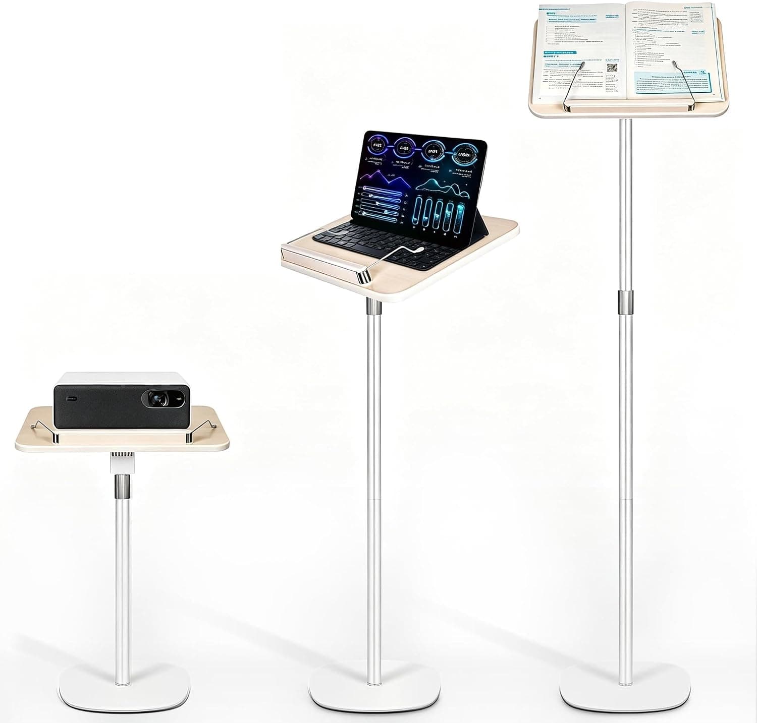 Quran Stand Holder, Adjustable Book Stand Holder, Adjustable Height Angle Book Stand with Page Clip, Sturdy Podium Stand for Reading, Bible, Laptop, or Projector (White, 50-130CM)