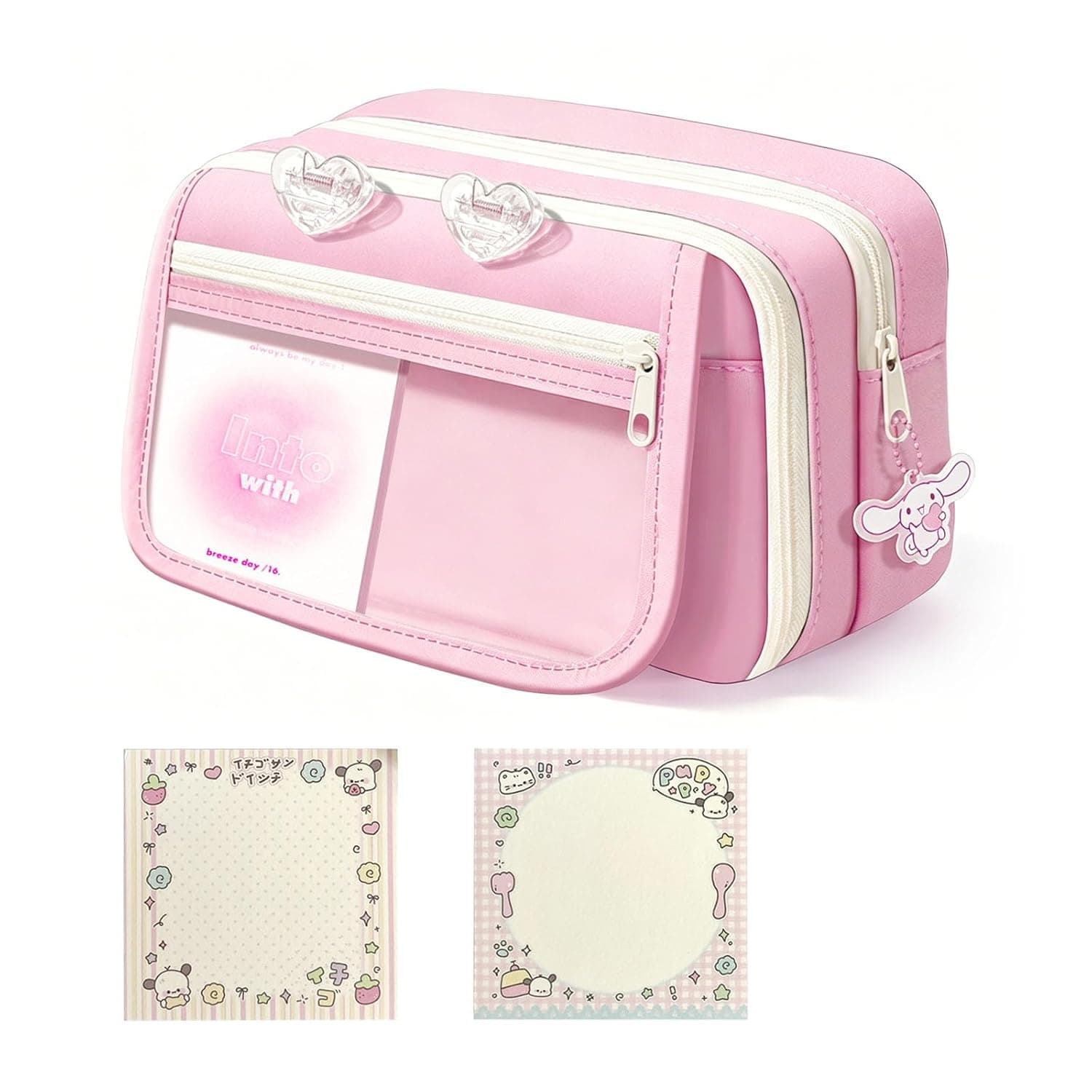 3Pcs Cute Pencil Case Set, Large Pencil Case Big Capacity with 9 Compartments, Aesthetic Preppy Includes 2 Sticky Note Pads, Pink pencilcase for Girls