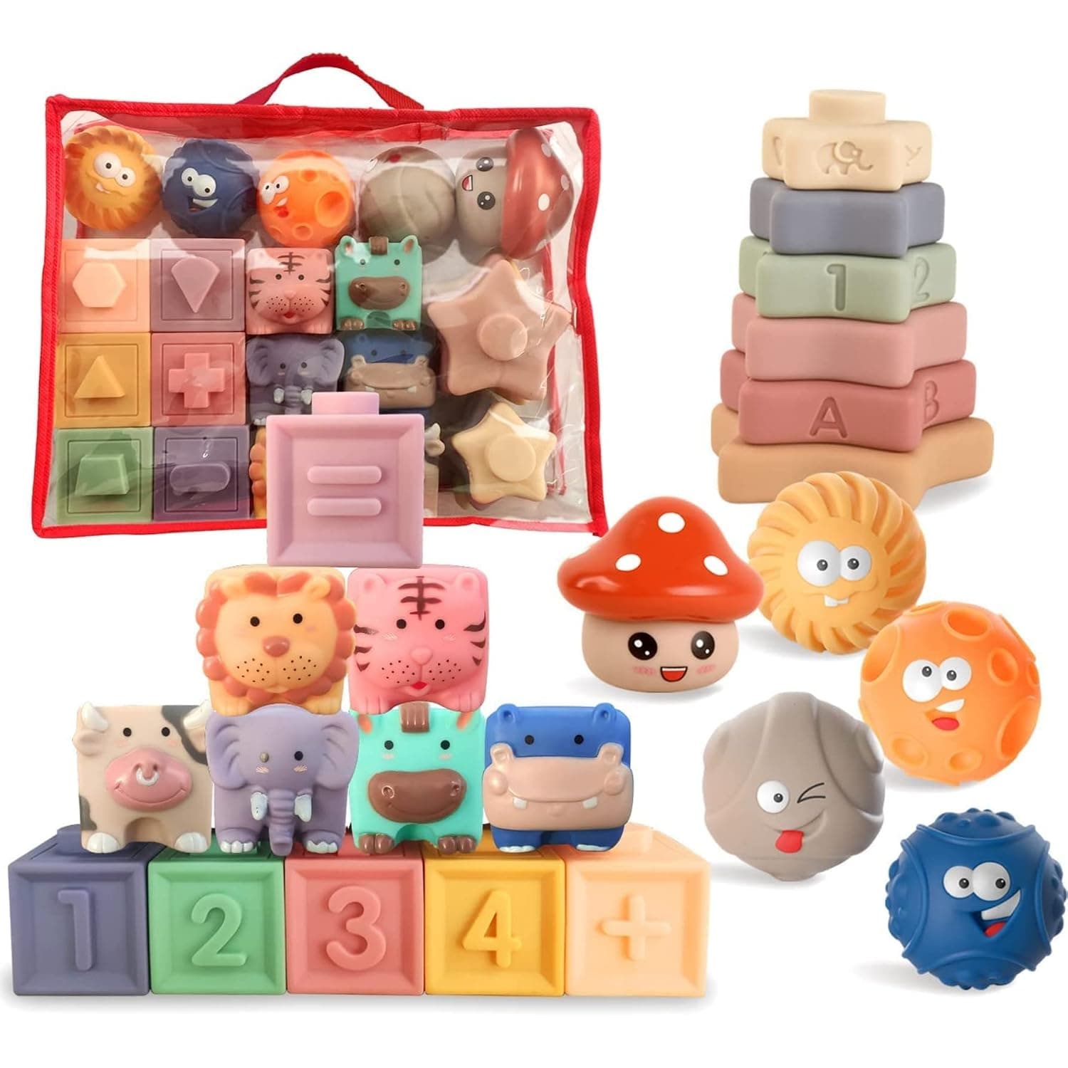 Andanna 23pcs Baby Toys 12 Months, Montessori Toys for 1 Year Old, Stacking Building Blocks for Toddlers 1-3, Soft Baby Teething Rings Toy for Infant, Sensory Ball for 12 Months