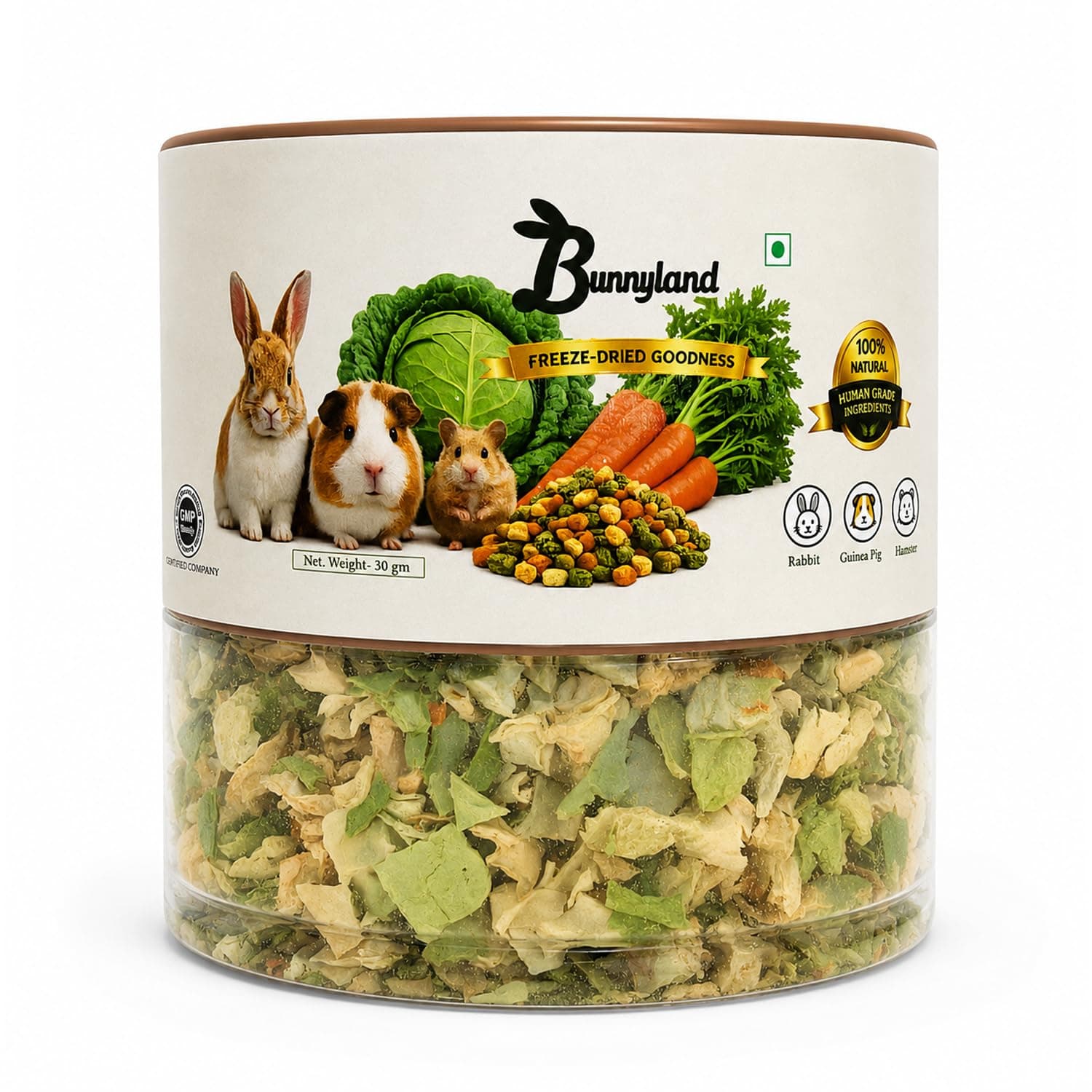 Freeze-Dried Veggie Mix, Natural Pet Food Treat for Rabbits, Guinea Pigs, Hamsters, Wholesome Daily Supplement, Cylindrical Container, 75g