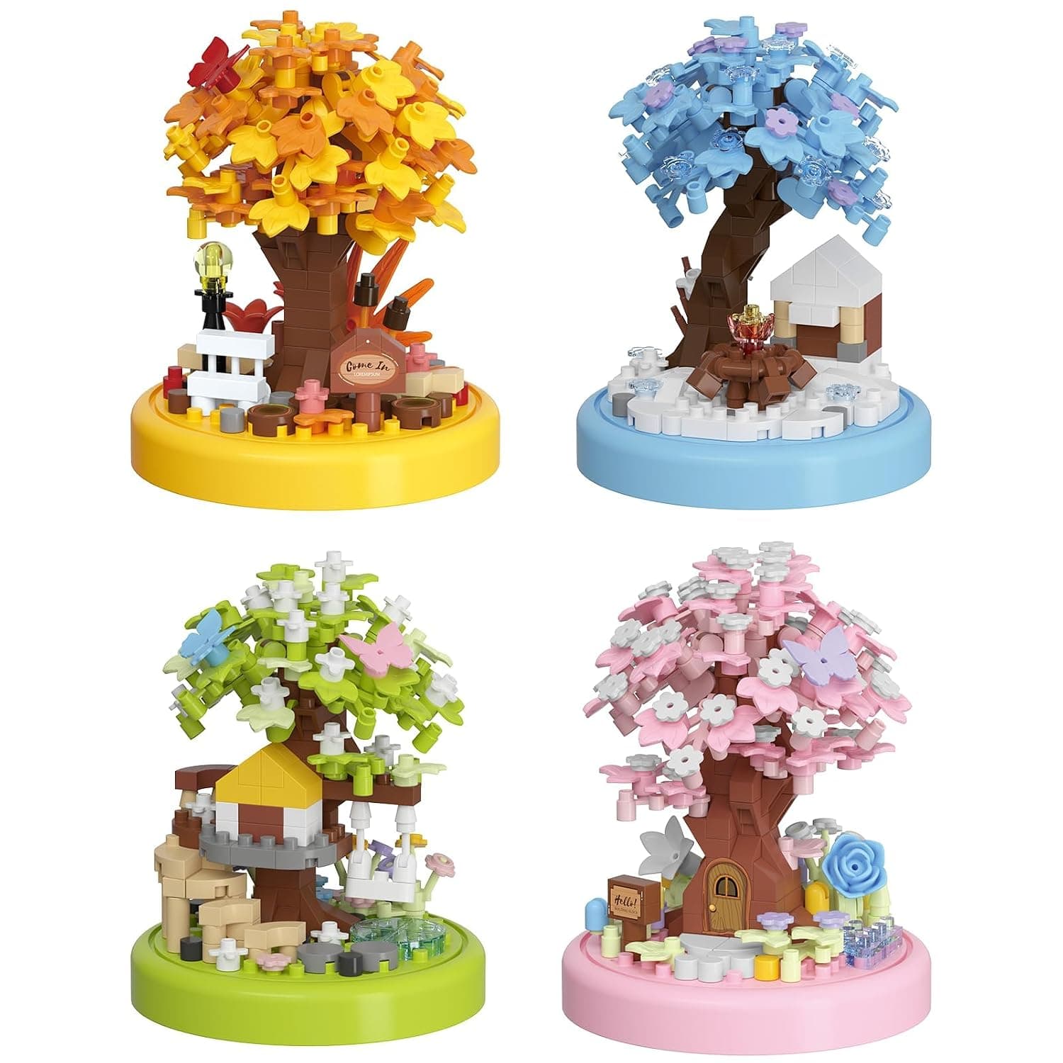 Tree House Building Blocks Set with Miniature Bonsai Tree, Flowers Decoration, and Dust Cover, DIY Educational Construction Kit, Good Gift for Kids & Adults (4 PCS)