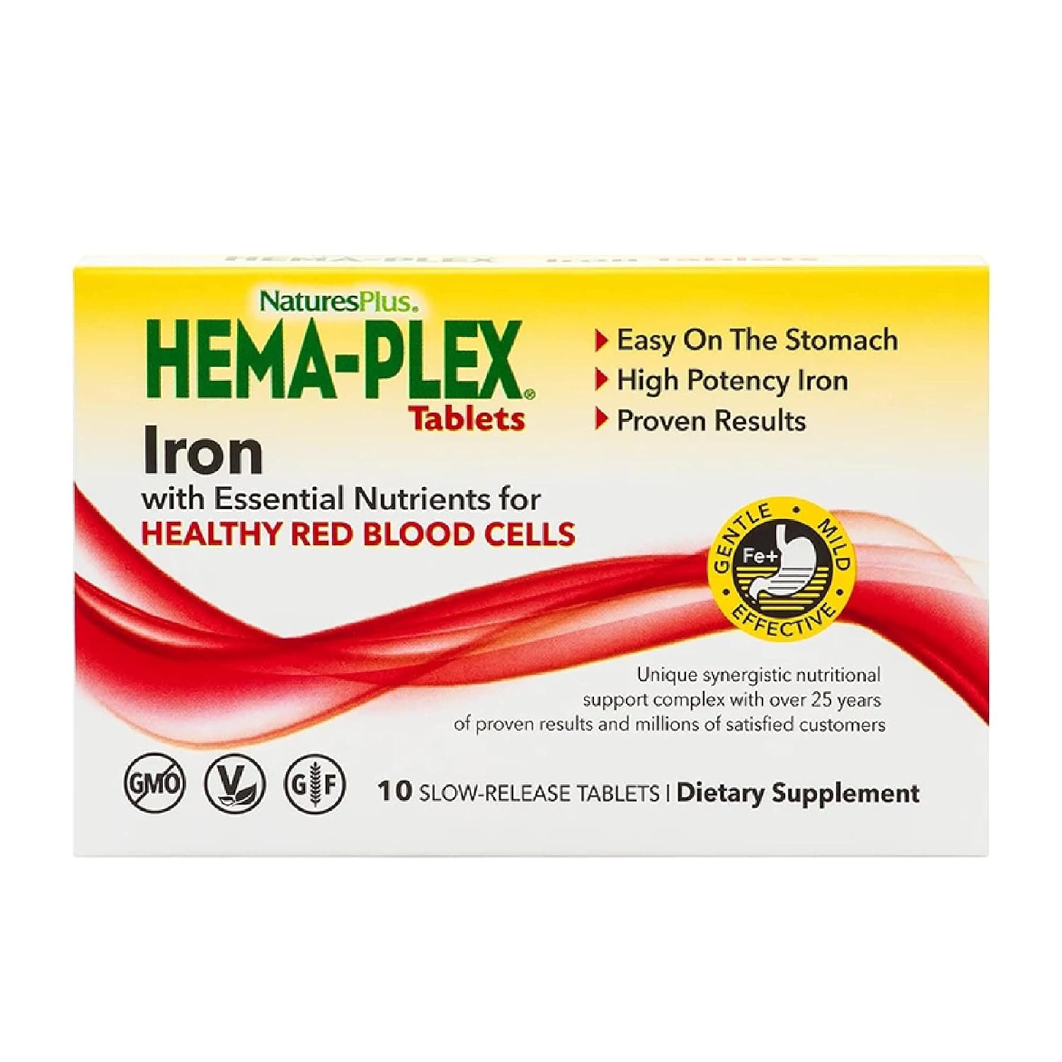 Nature's Plus Hema-Plex Iron - 10 Slow-Release Tablets - 85 mg High-Potency Iron - Essential Vitamins & Minerals for Healthy Red Blood Cells - Non-GMO, Vegetarian, Gluten Free - 10 Servings