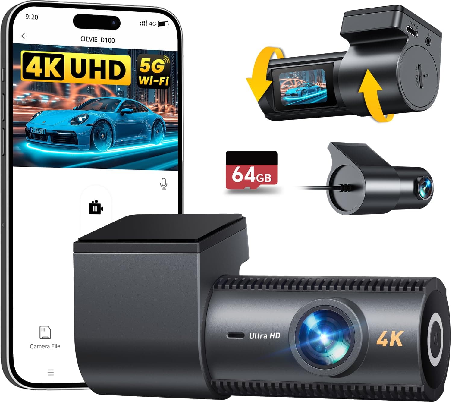 4K داش كام, Dash Cam for Cars with 64GB SD Card, 5Ghz WiFi, G-Sensor | 4K+1080P, 1.5" IPS Display, App Control, 24H Parking Mode, Loop Recording, Night Vision, 170° Wide Angle, Supports 256GB Max