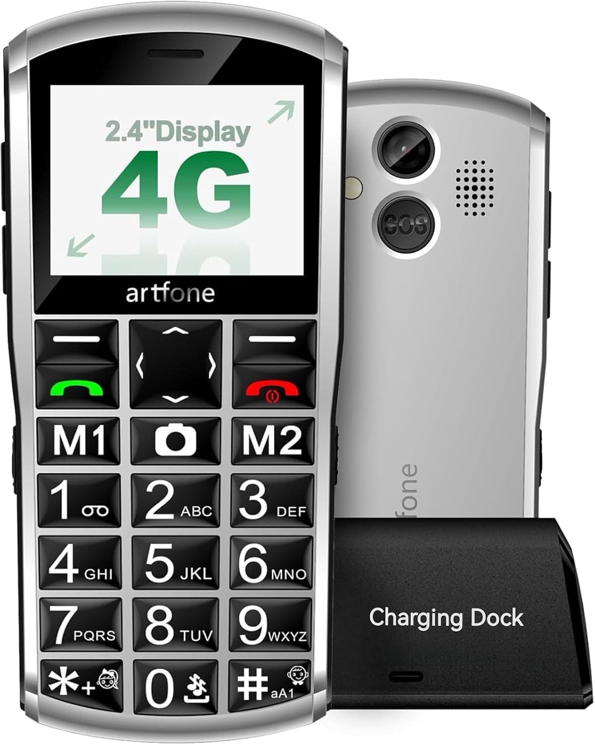 artfone A400 Pro Silver - Large Button Cell Phone for Seniors丨4G LTE Unlocked Phones with SOS Button丨2MP Rear Camera丨Charging Dock丨1800mAh丨Dual SIM丨Speed Dial丨Volume Boost丨Hands-free丨Dumb Phone丨USB-C