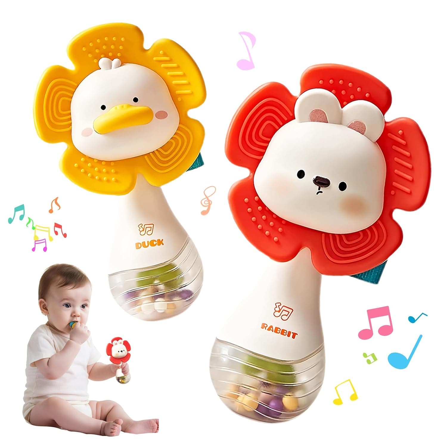 2 PCS Baby Rattles Teething Toys 3-6 Month, Baby Toys for 0-6 Months | Infant Toy Sensory Toys with Beads Grasping Shaker , Newborn Must Haves Montessori Toys Babies Gifts