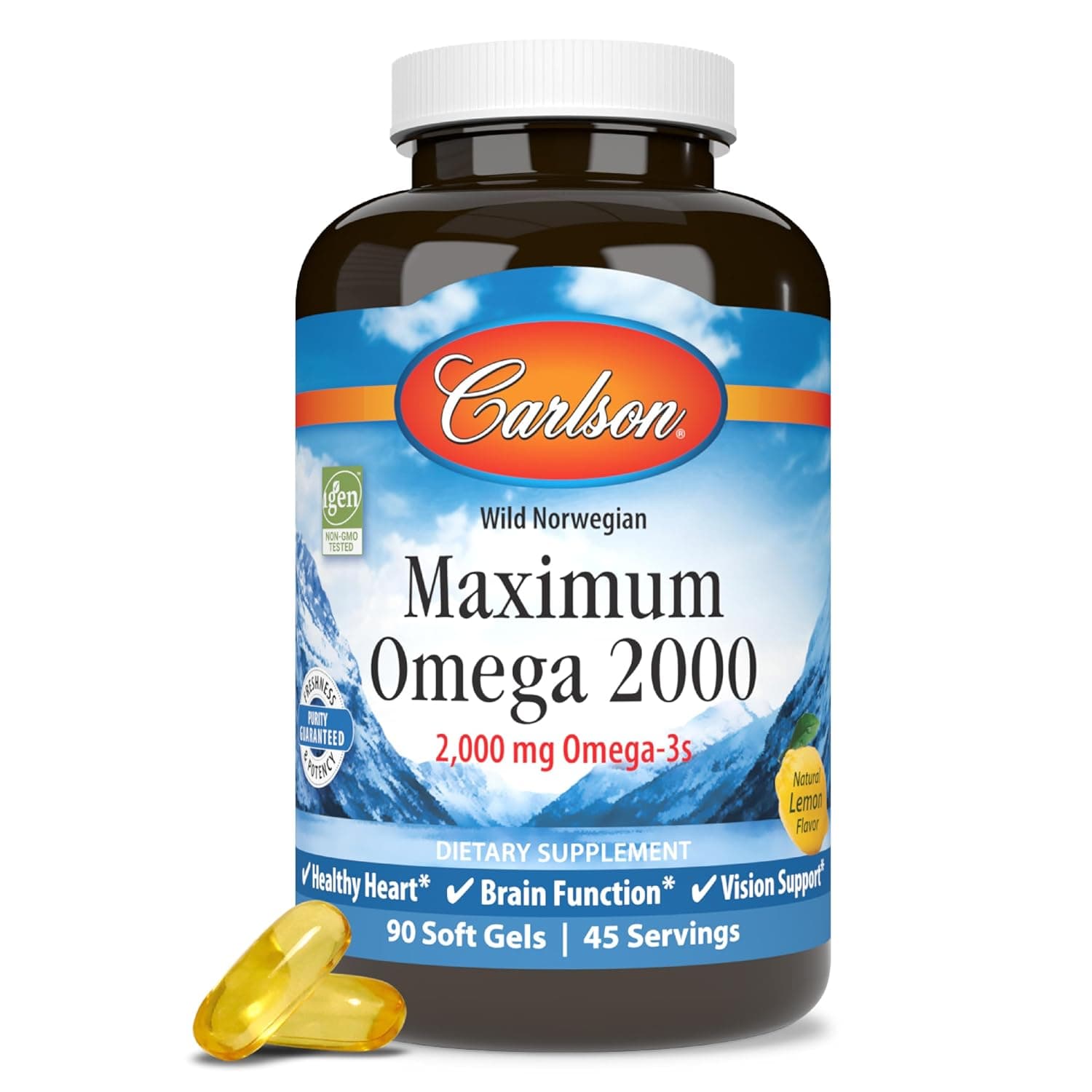 Carlson Labs, Maximum Omega 2000, Natural Lemon Flavor, 2,000 mg, 90 Soft Gels | Omega-3 Fatty Acids Including EPA and DHA; Norwegian Fish Oil Supplement; Sustainably Sourced Fish Oil Capsules
