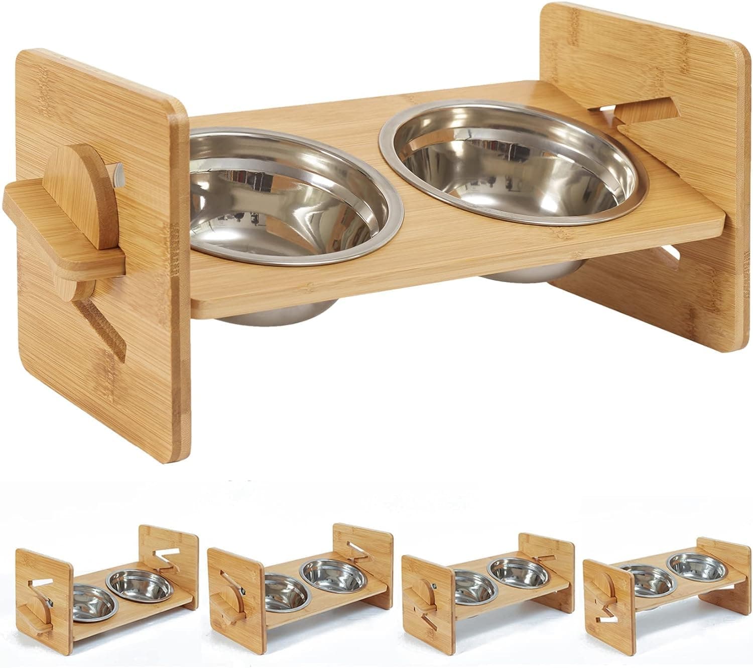 Wisfor Double Cat Dog Bowls, Elevated Pet Food Water Bowl Bamboo Cat Feeder Stand 15°Tilted Adjustable Cat Food Dish with Stand and 2 Stainless Steel Feeding Bowls for Cats and Small Dogs