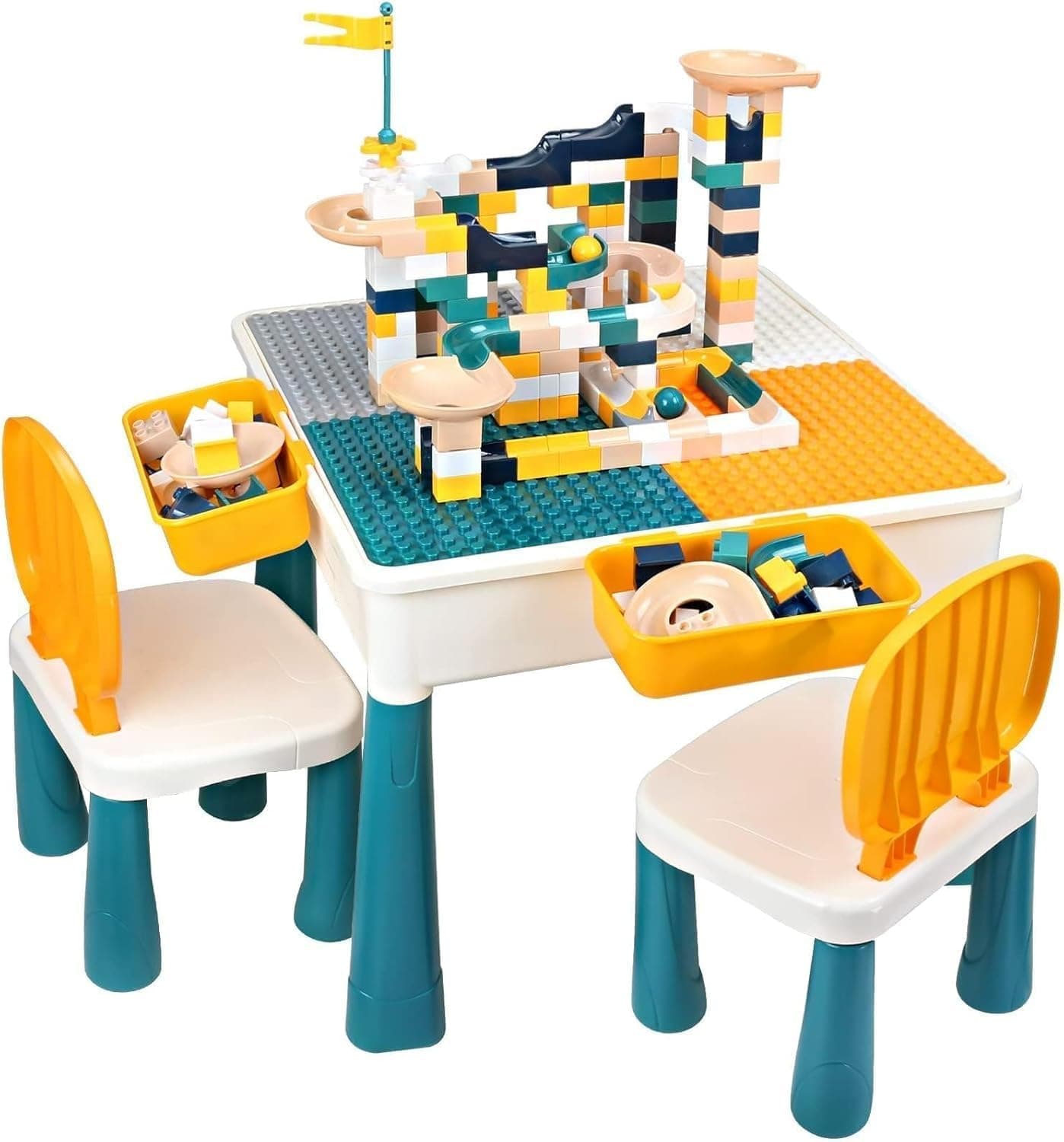 Joyzzz 9 in 1 Multi Kids Activity Table Set, Toddler Table and Chair Set with 2 Chairs and 100pcs Large Size Block Compatible with Sand Table and Building Block Table for Toddlers Activity