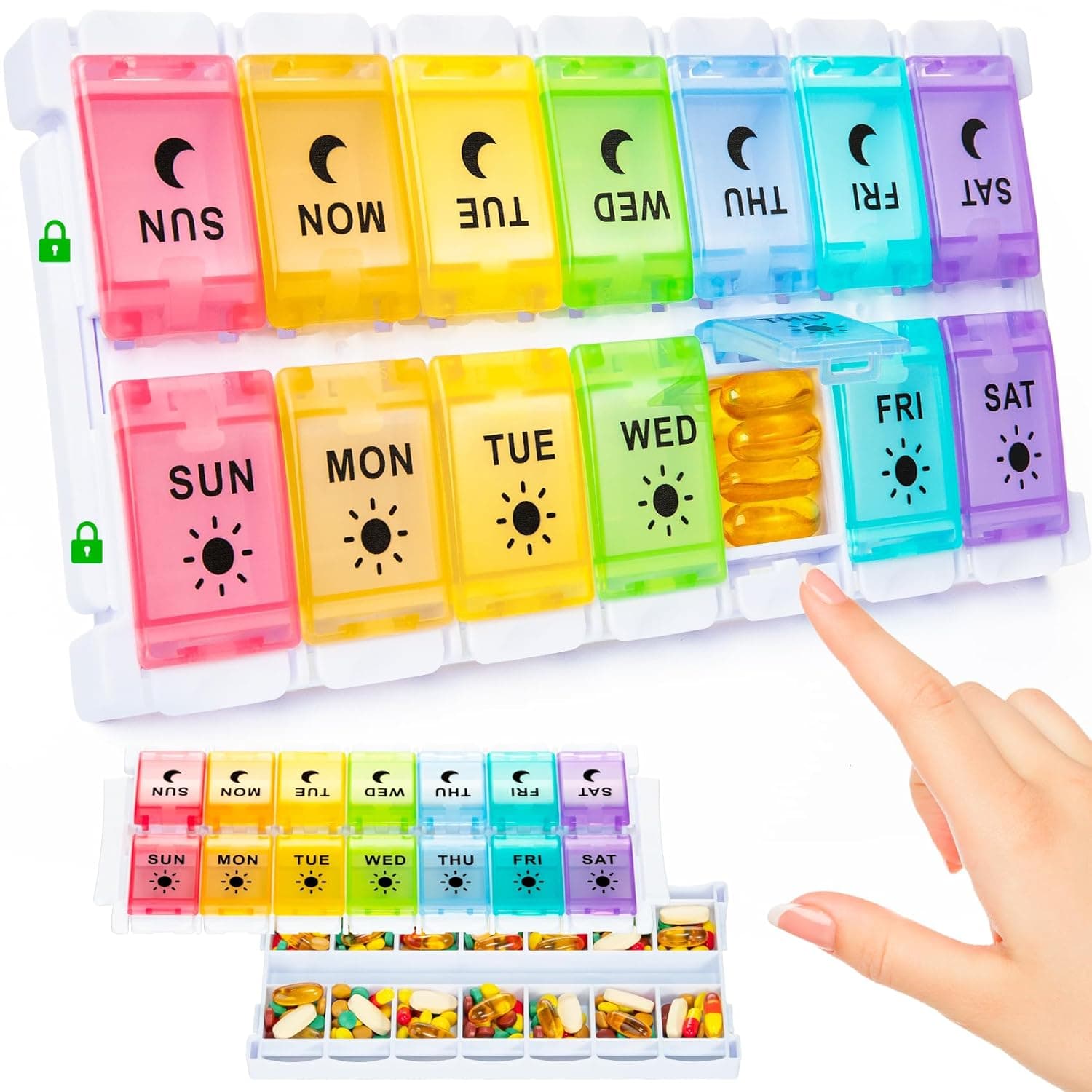 Upgrade Weekly Pill Organizer 2 Times a Day Easy Fill Design, 7 Day Pill Box am pm with Push Button, Morning Night Pill Holder 14 Large Compartments for Fish Oil,Vitamins, Medication and Supplements