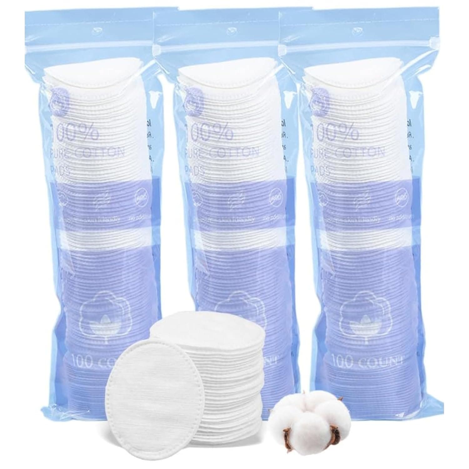 3 Packs (100 Pieces Each) Ultra-Soft Cotton Rounds, Double-Sided Dry & Wet Makeup Remover Pads - Hypoallergenic, Lint-Free, Ideal for Makeup Removal, Cleansing and Toning