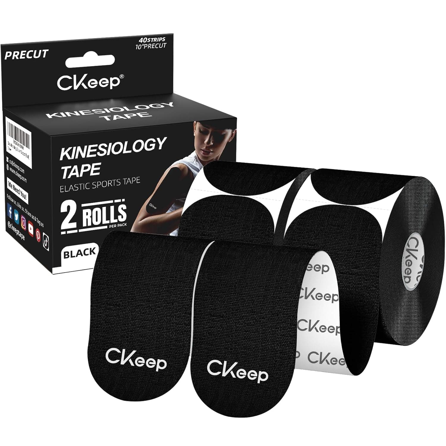CKeep Kinesiology Tape 2 Rolls Latex Free Cotton Elastic Hypoallergenic Pre-Cut 5cm Wide Waterproof for Knee Pain Injuries Sprains Black