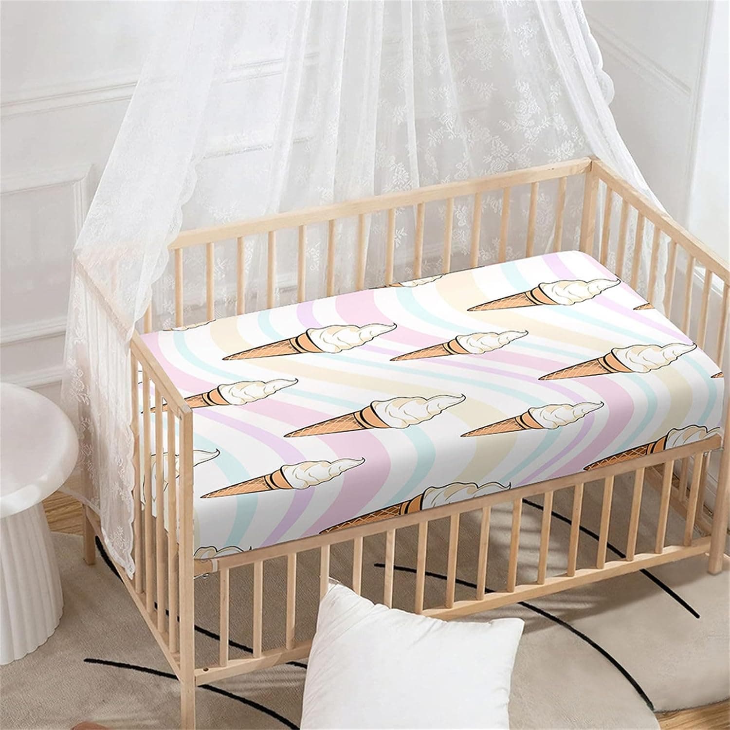 Morbuy Cot Bed Sheets with Corners, Ice Cream Print Cot Sheets, Cot Sheets with Elasticated Corners, Crib Sheets for Babies, Girls and Boys (140 x 70 cm, Ice Cream)