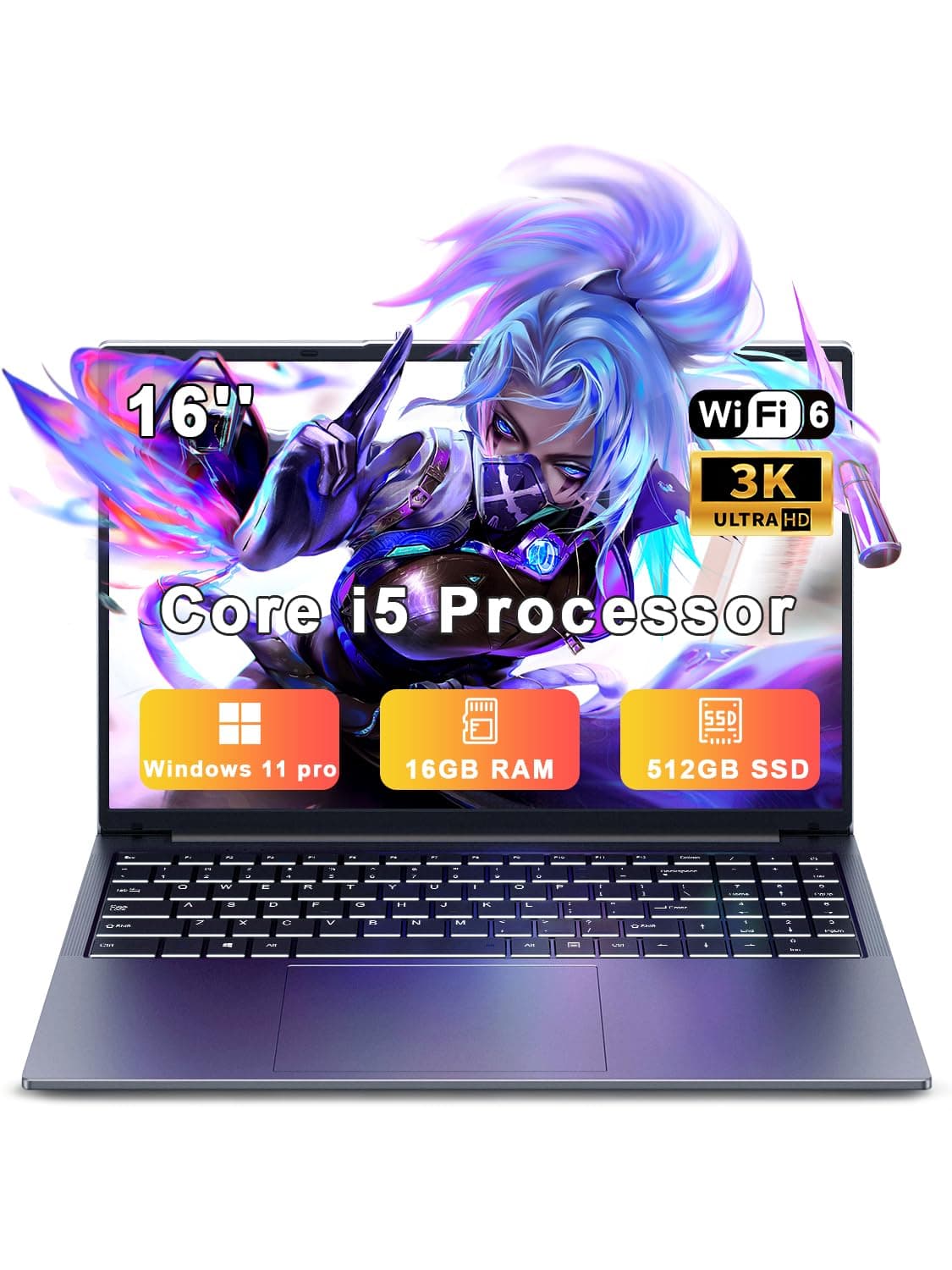 XNQ Laptop Computer, Gaming Laptop 2025, Core i5 Turbo 3.80GHz, 16 Inch Lap Top PC, 3072*1920 Display, 8000mAh Battery, 16GB RAM 1TB TF Expand, 512GB SSD, Backlit, Type-C, Privacy Care, WiFi6, Win 11