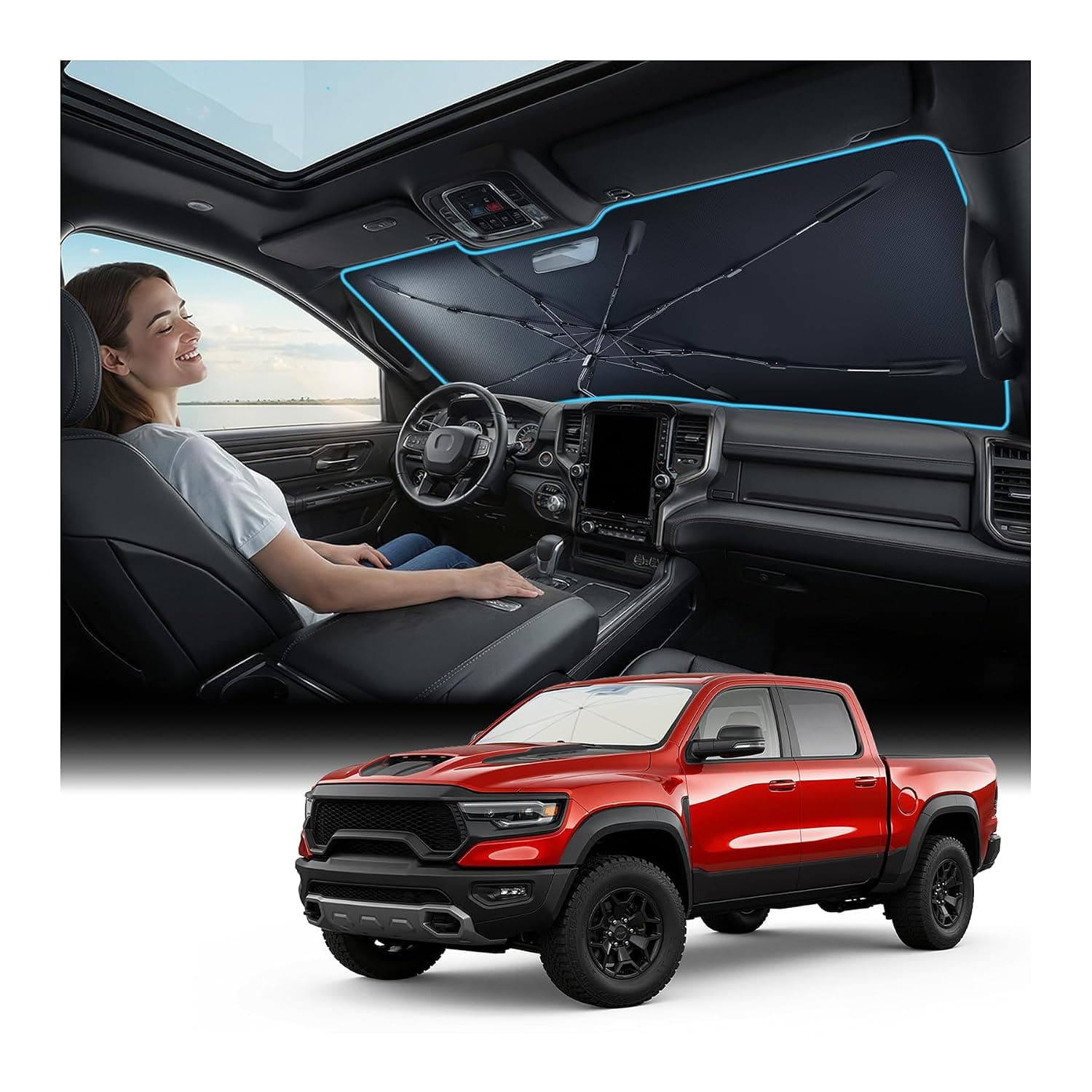 Nmoiss Windshield Sun Shade Umbrella for Ram - [Vinyl Coating Heat Shield] Protect Car from Sun Rays & Heat Damage Keep Cool and Protect Interior, Spring Structure Edge