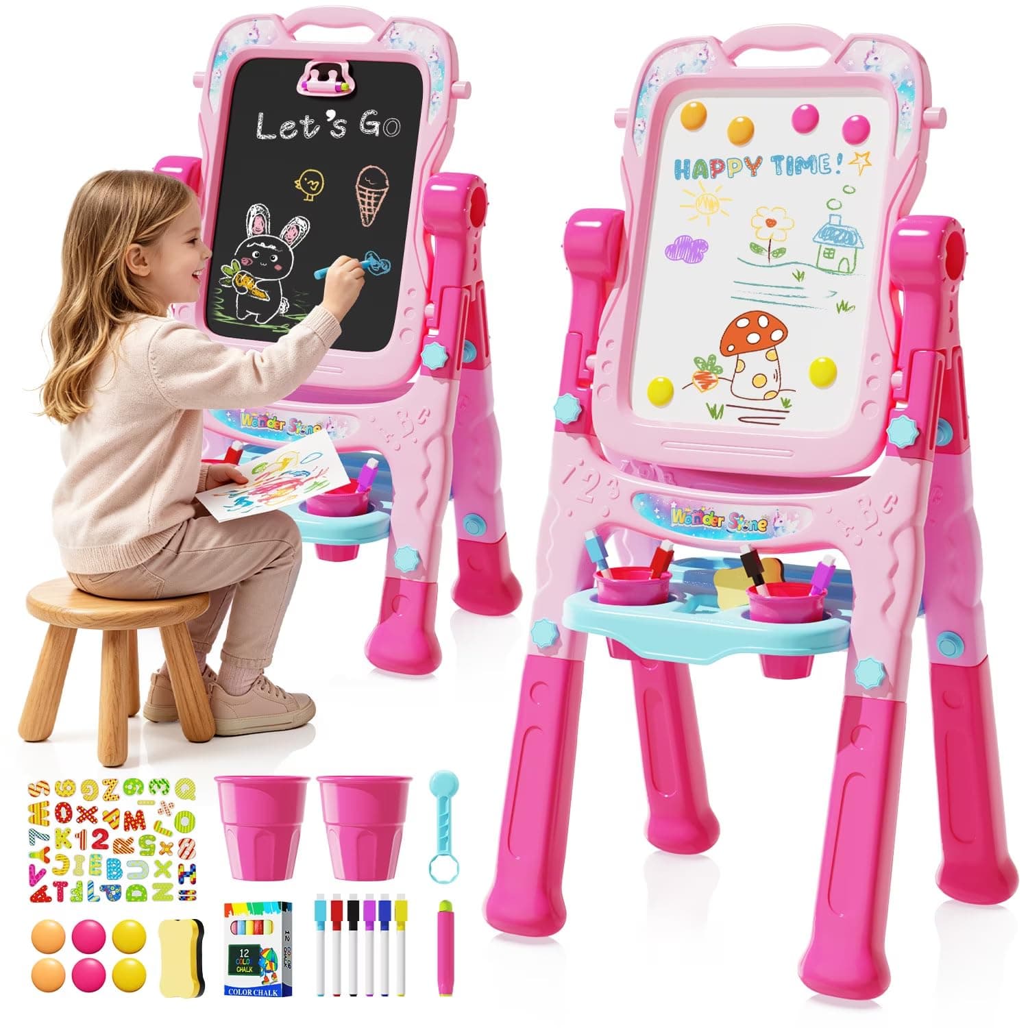 Skirfy Art Easel for Kids - Adjustable Double-Sided Rotatable Magnetic White Board with Painting Accessories, Preschool Learning Toy for Girls 3-5 Years Old,Ideal Christmas Birthday Gift (Pink)