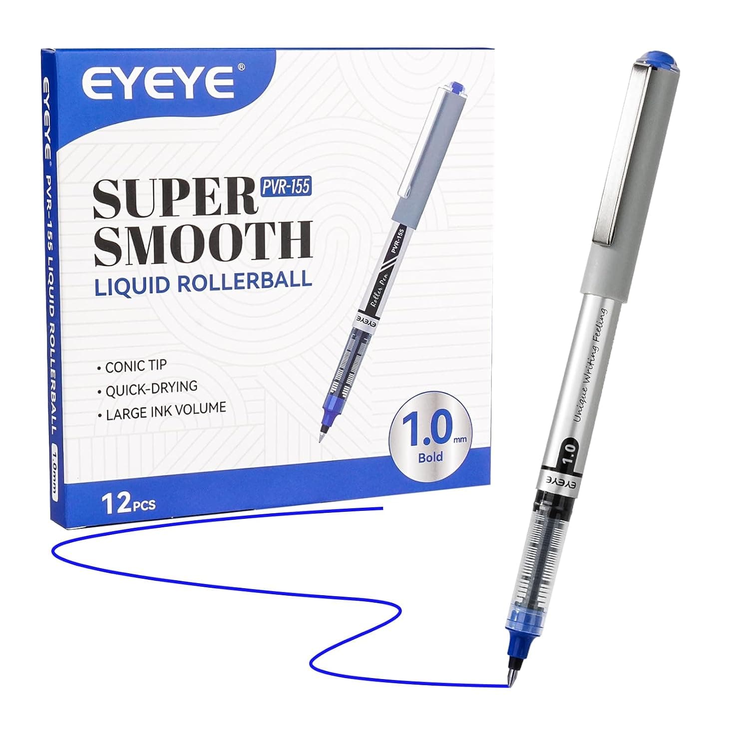 EYEYE Liquid Ink Rollerball Pens, 1.0mm Bold Point Tip, 12 Pack Blue Rollerball Pens Quick Drying, Rolling Pen Smooth Writing for Journaling, Note Taking, Office and School Supplies