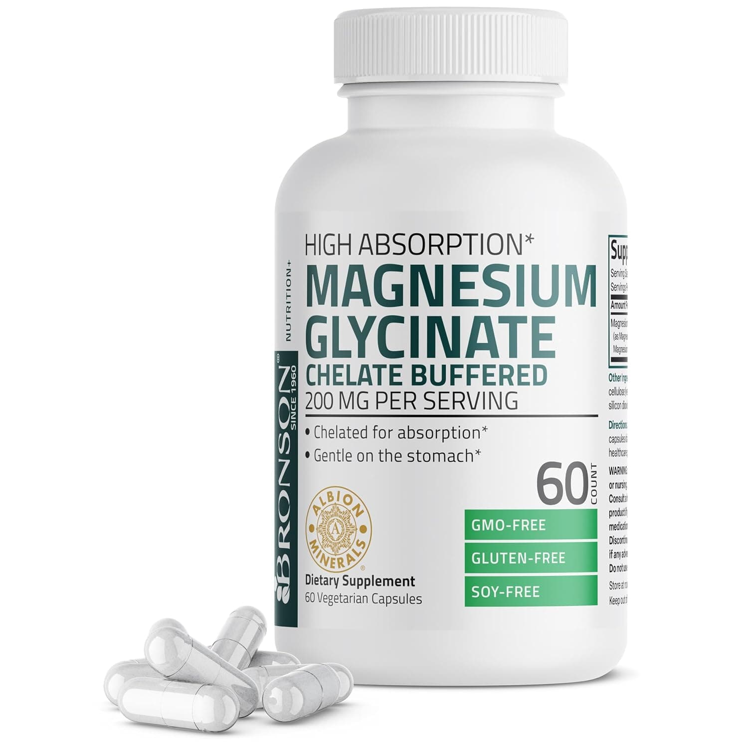 Bronson Magnesium Glycinate (200mg Per Serving), Chelated for High Absorption, Gentle on Stomach, Non-GMO, 60 Vegetarian Capsules