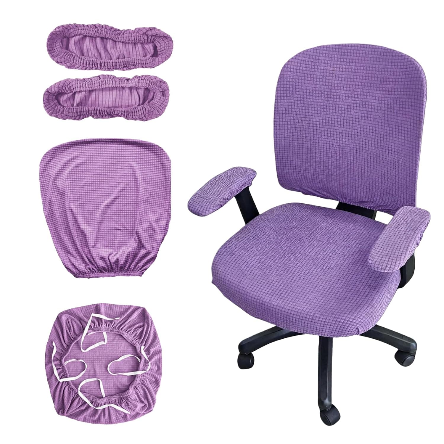 4 Pcs Office Chair Covers Set, Stretchable Computer Chair Cover Desk Accessories Office Supplies Armrest Seat Slipcovers Desk Decor Office Cushion Backrest for Rotating (Purple)