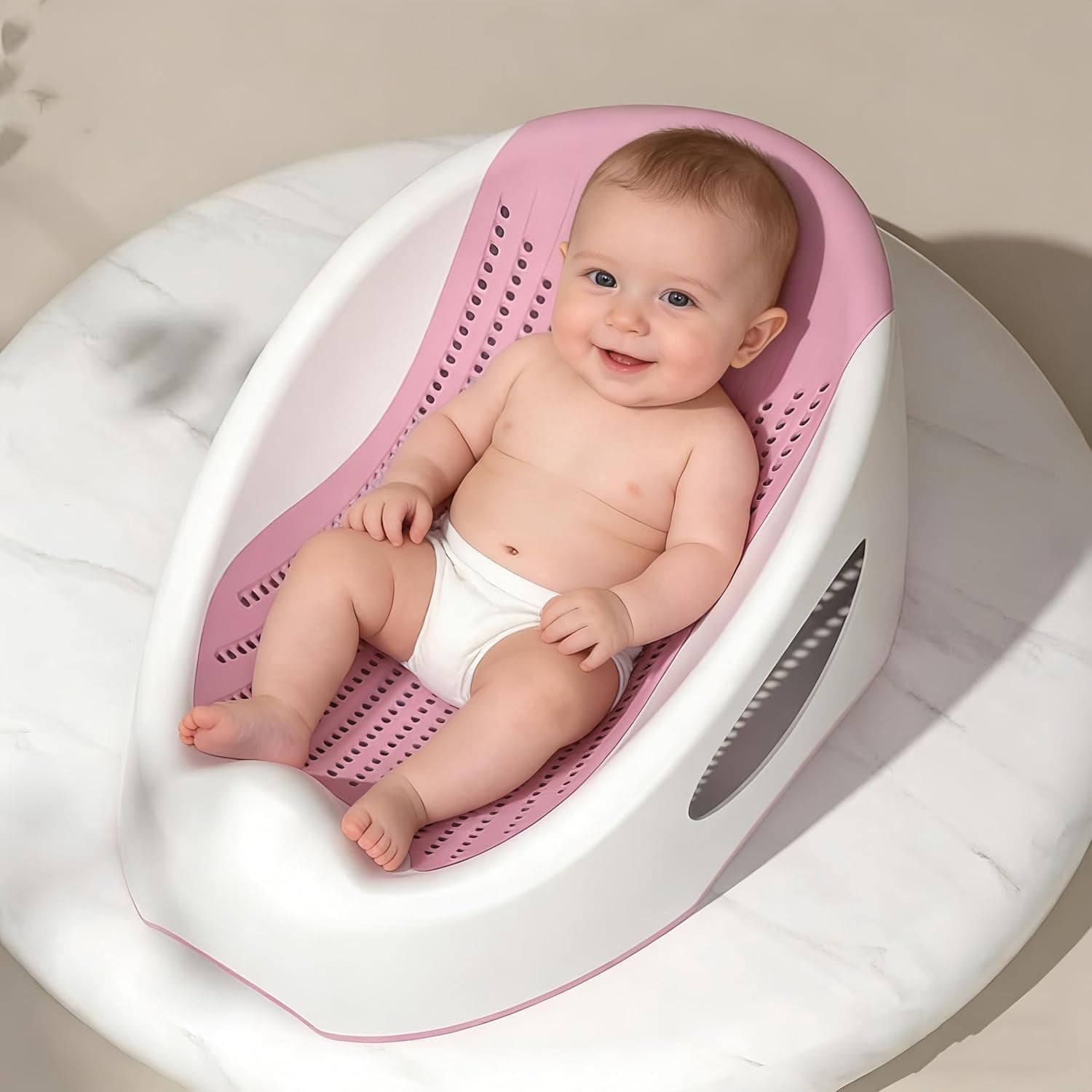 Baby Bathtub, Baby Waterproof Non-Slip Bath Support Tub Infant, Newborn, 0-6 Months, Bath Net Newborn Bath Tub Lying Support Bracket Bath Mat (Pink)
