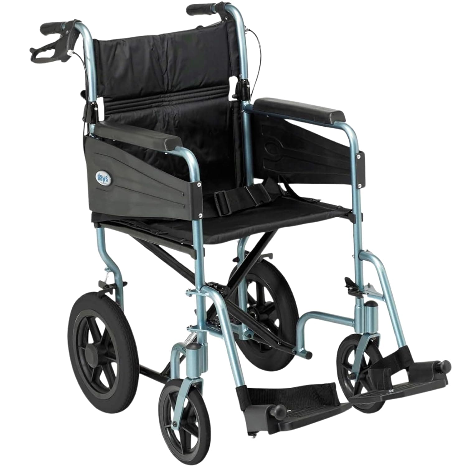 Days Lightweight Wheelchair for Adults, Escape Folding Wheelchairs, Compact Wheel Chair with Adjustable Footrests, Attendant Propelled, Padded Seat - Narrow, Blue