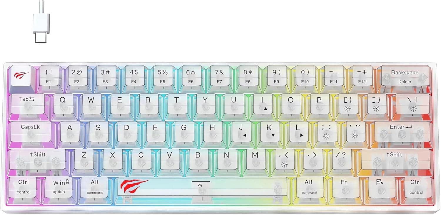 كيبورد العاب ميكانيكي 60% KB877L، 61 مفتاح صغير للغاية مع اغطية مفاتيح شفافة باضاءة خلفية RGB وكيبل من النوع C قابل للفصل، مفاتيح زرقاء لويندوز/ماك/الكمبيوتر- ابيض
