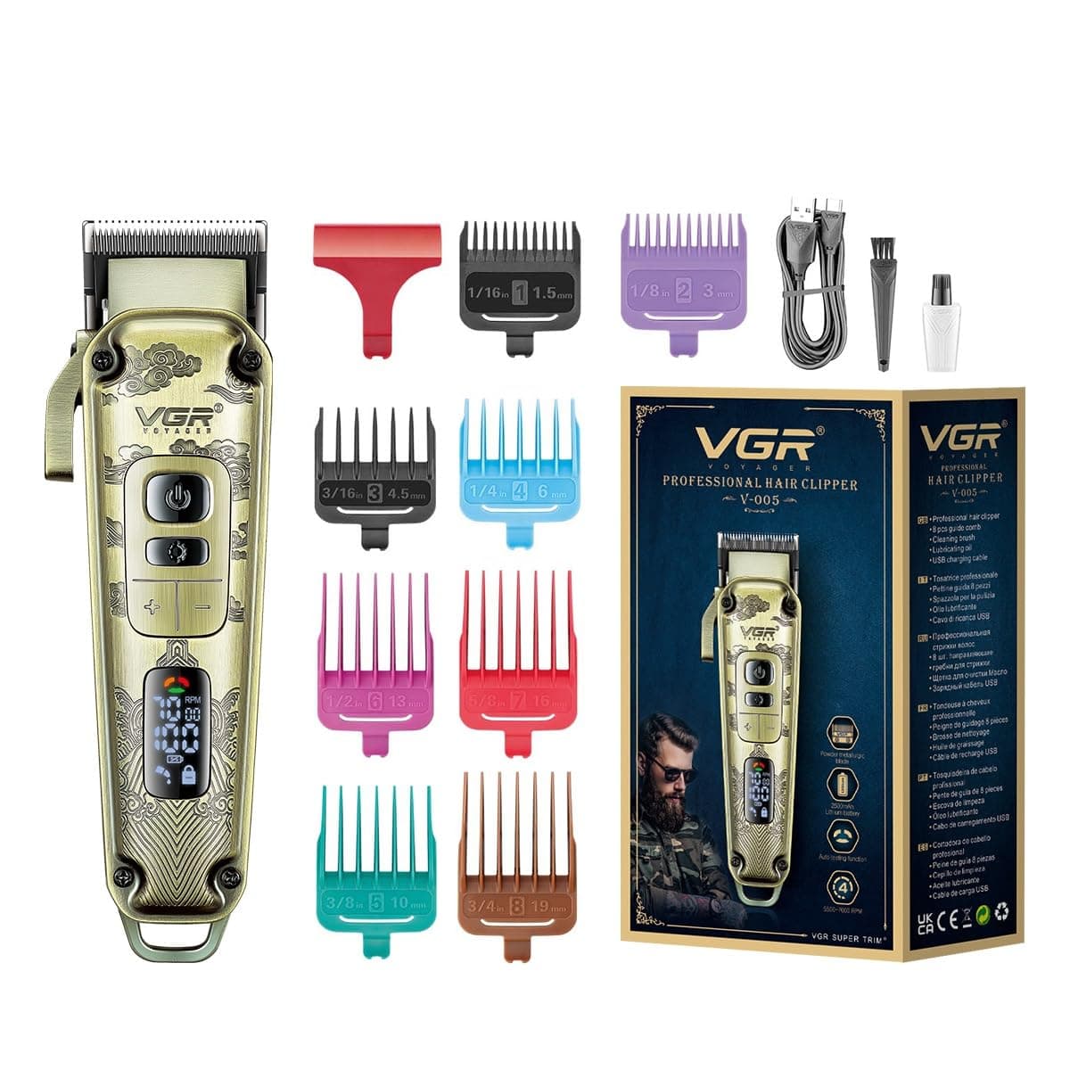 VGR Premium Metal Housing Hair Clipper LED Display, powder metallurgic Blade 5500-7000 RPM 4 Speed motor auto testing button USB charging 4 adjustable Taper Lever 8 Guide combs Runtime 250 min, V-005