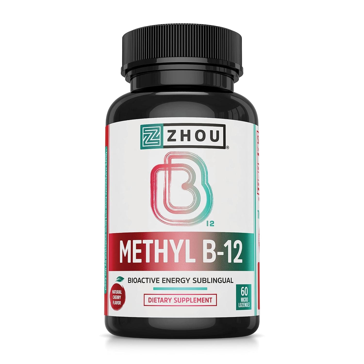 Zhou Nutrition Methyl (Vitamin B12) Lozenges, 5000 mcg for Maximum Absorption and Active Energy, Vegan, Cherry, 60 Count | Methyl B-12 Supplement for Women & Men, Cellular Energy and Nerve Function Support, Methylcobalamin