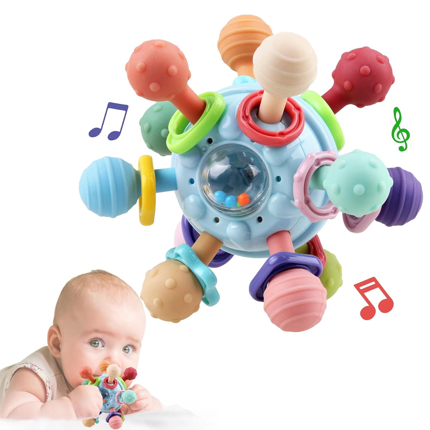 Anzimo Baby Sensory Teething Toys - Montessori Teethers & Rattles - BPA Free Silicone & Plastic - Blue - Newborn to 18 Months