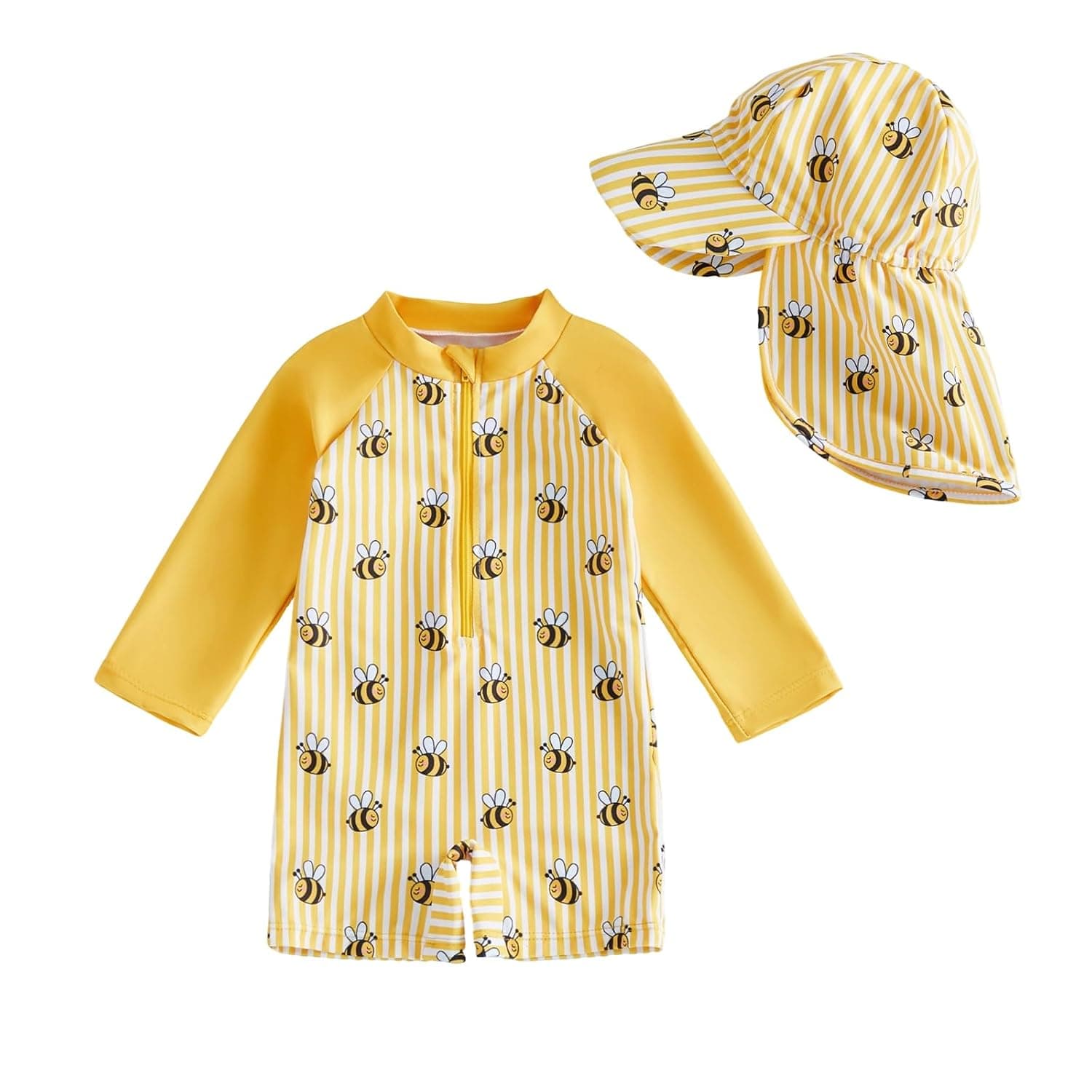 LYSINK Toddler Baby Girl Swimsuit Set One Piece Long Sleeve Zip Up Rash Guard Swimwear Sun Protection with Hat 2Pcs Bathing Suit