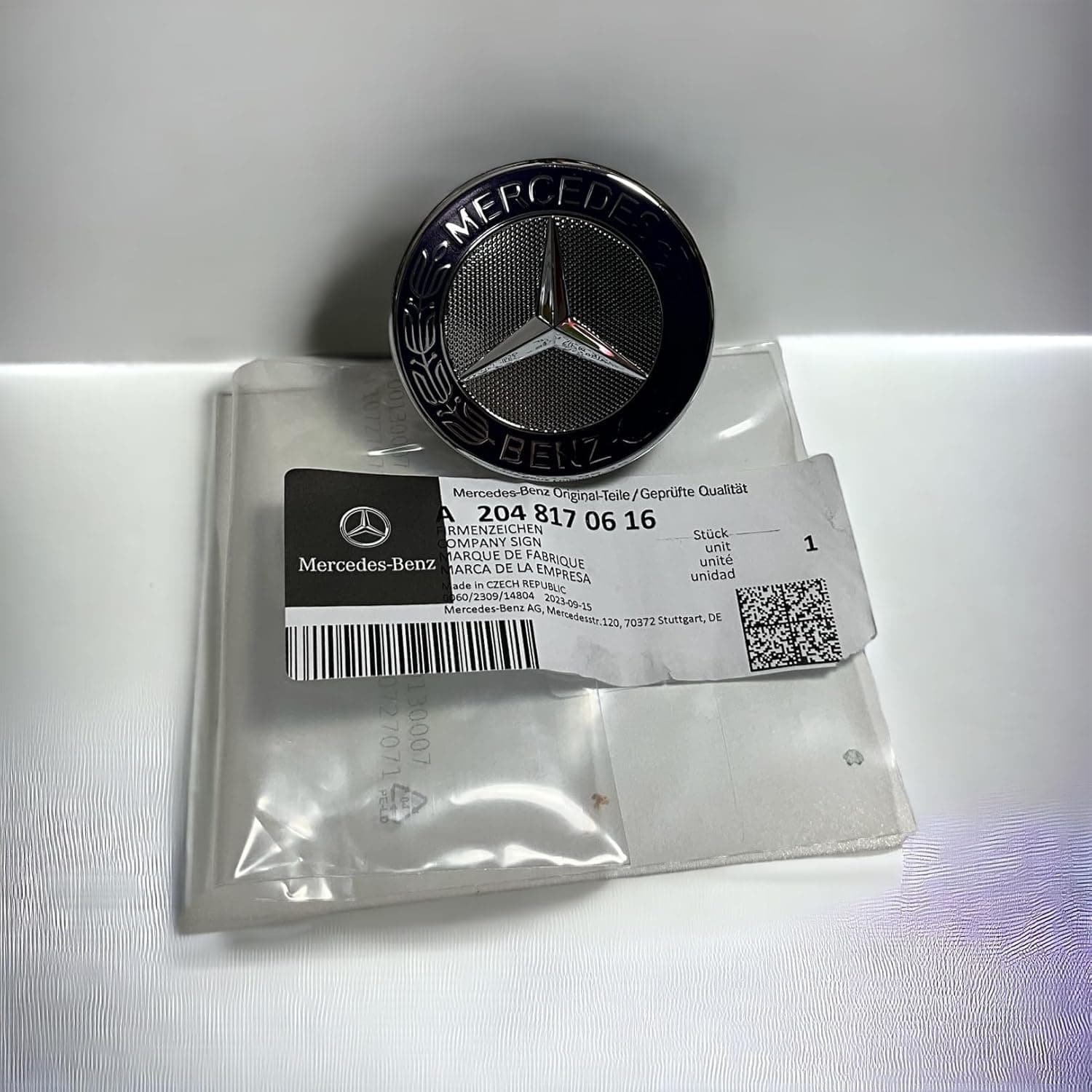 Mercedes Benz Genuine Vehicle Hood Star Emblem Badge (204-817-06-16, Chrome and Blue Laurel Wreath)