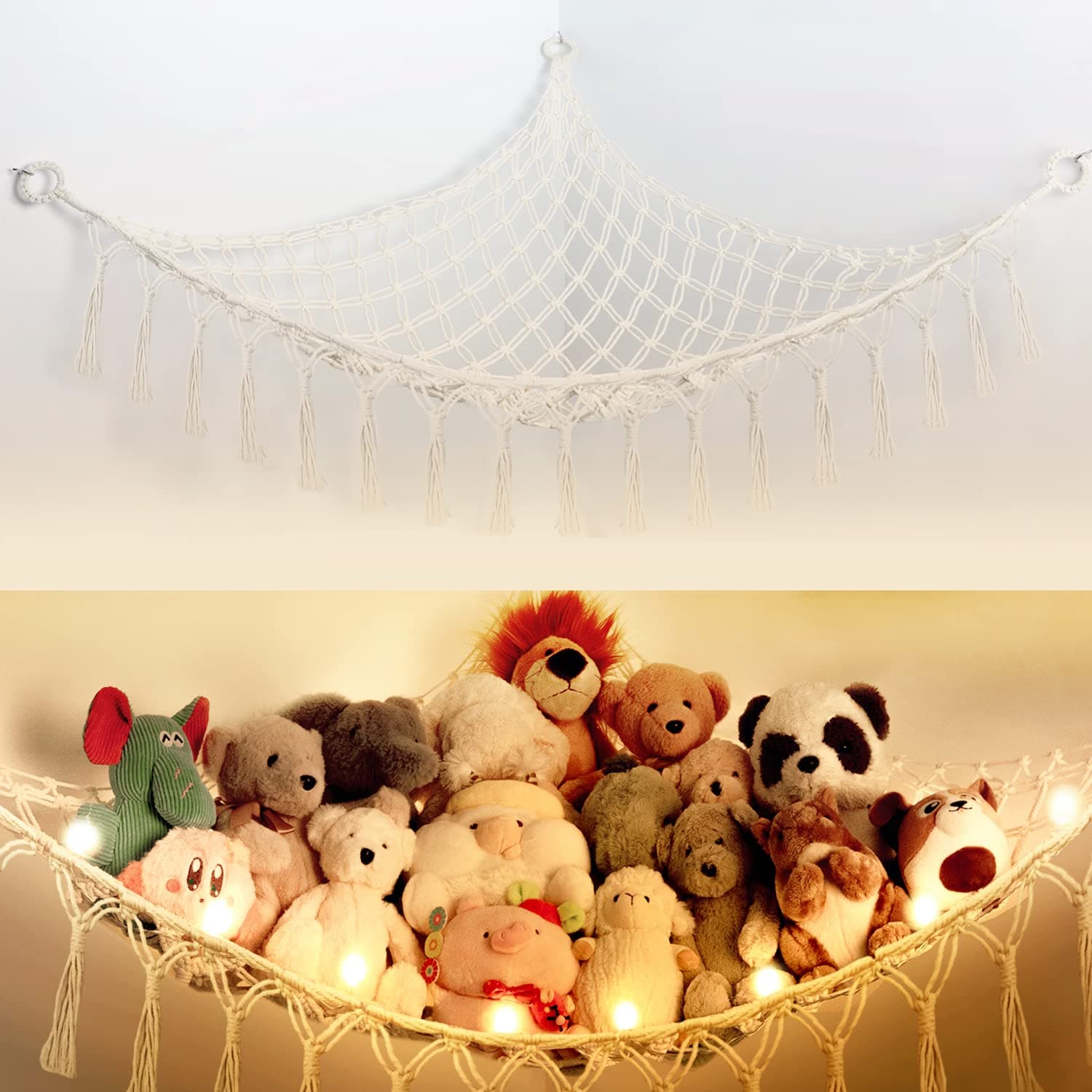 Stuffed Animal Storage Hammock Toy Net with Light Large (42*57 in) | Cute Plushie Net Organizer Stuff Plush Holder for Kids Baby Nursery Essentials Home Bed Room Wall Corner Boho Hanging Decor