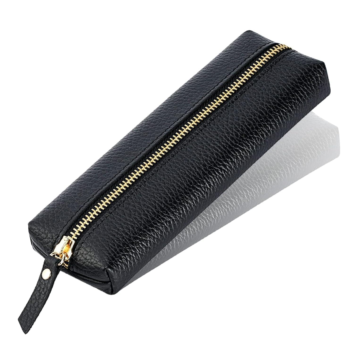 Bukela PU Leather Pen Case Holder, Vintage Lychee Pattern Stationery Zipper bag, Portable Cowhide Leather Pencil Pouch Holder，Black Leather Pencil Case for Ballpoint Pen for Adults, Student, Writer