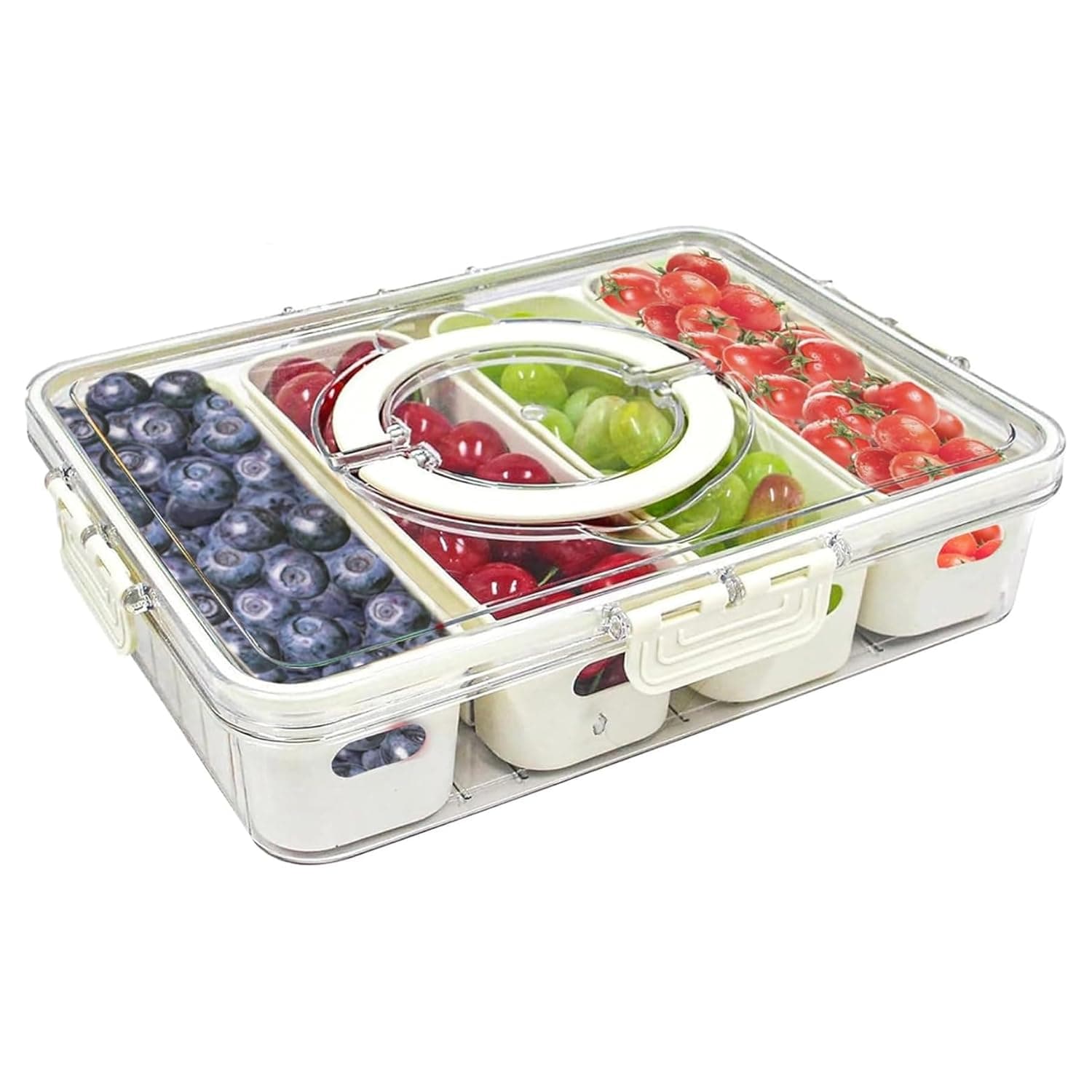 صندوق منظم للثلاجة حاوية تخزين الطعام الفاكهة مع 4 سلال تصريف في واحدة مصافي الخضروات غطاء مقبض اقسام