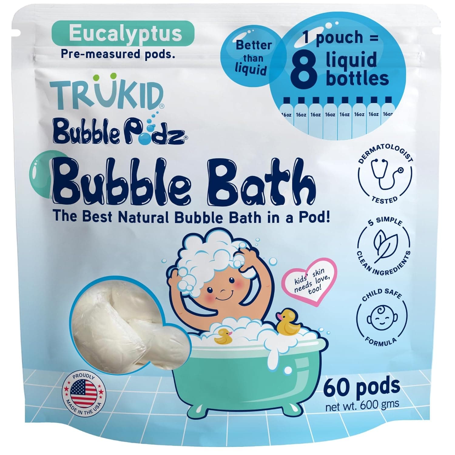 TruKid Bubble Podz Bubble Bath for Baby & Kids, Gentle Refreshing Bath Bomb for Sensitive Skin, pH Balance 7 for Eye Sensitivity, Natural Moisturizers and Ingredients, Eucalyptus (60 Podz)