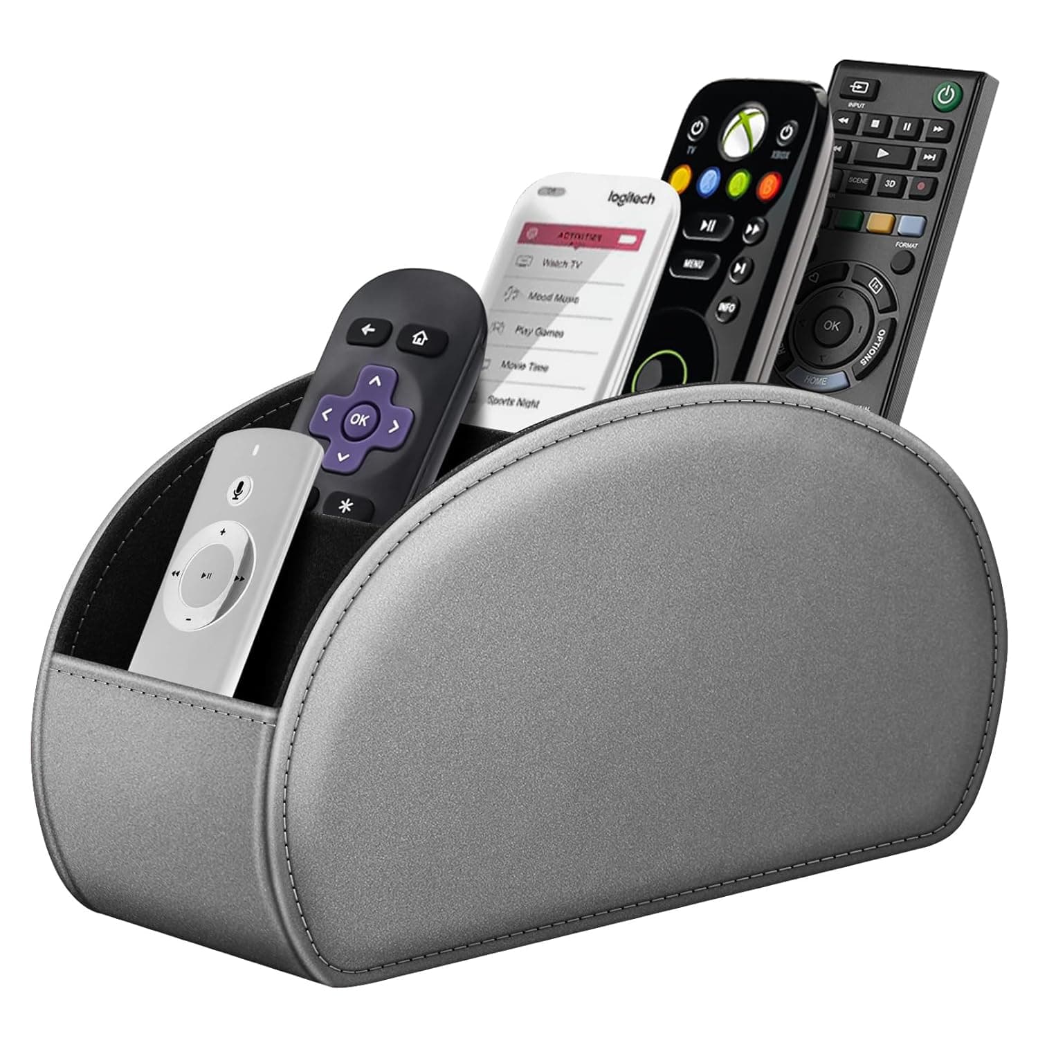 Fintie Remote Control Holder, 5 Compartments Vegan Leather TV Remoter Caddy Desktop Organizer Makeup Brush Holder Storage Fits TV Remotes, Media Controllers, Office Supplies(Silver Gray)