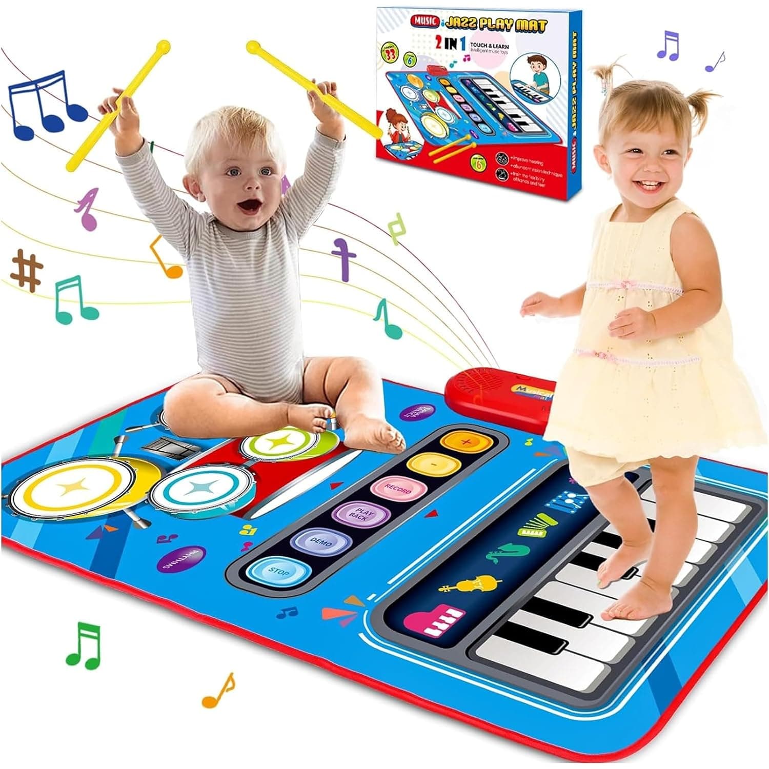 Andanna Baby Musical Piano Play Mat, Toddler Drum Pad & Play Mat, 2-in-1 Foldable Music Mat with 6 Instruments, 13 Songs & Recording, Educational Floor Activity Toys Gift for Infants (Blue)
