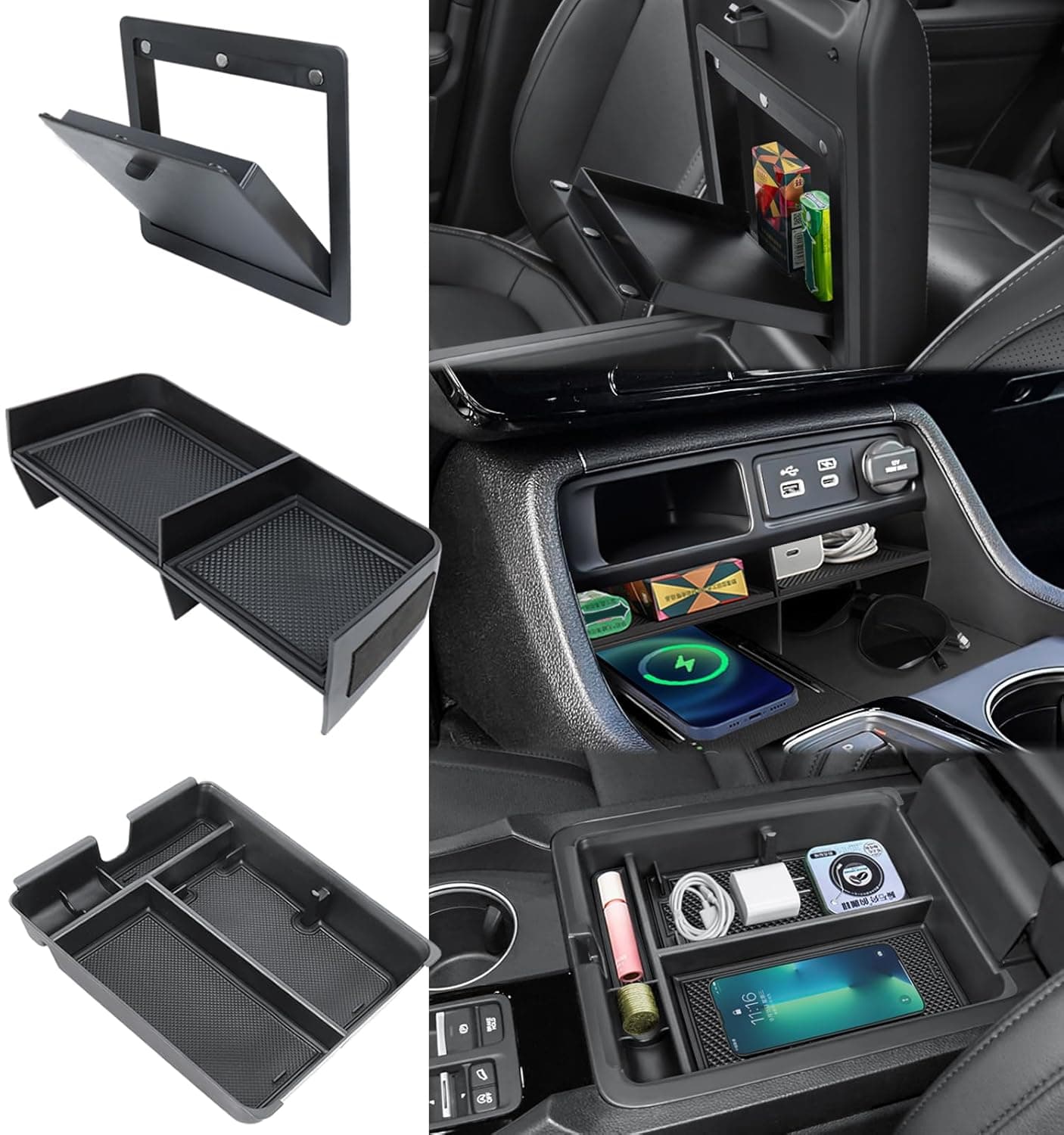 3PCS Center Console Organizer Compatible with 2023-2025 Honda Pilot 2026 Honda Passport Hidden Storage Tray Armrest Storage Tray Insert Divider Slot Box Secondary Interior Accessories