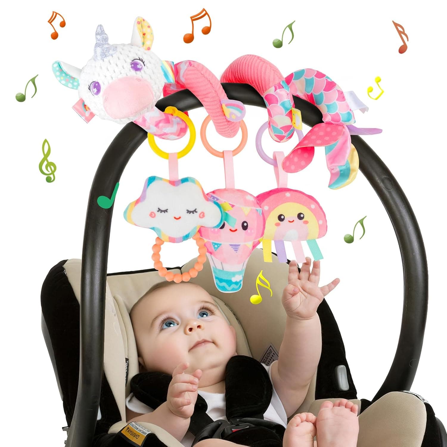 Spiral Baby Stroller Toy - Baby Stroller Toys Gift for 0 3 6 Months, Plush Spiral Toy with Music for Baby Cradle/Car Seat, Pink