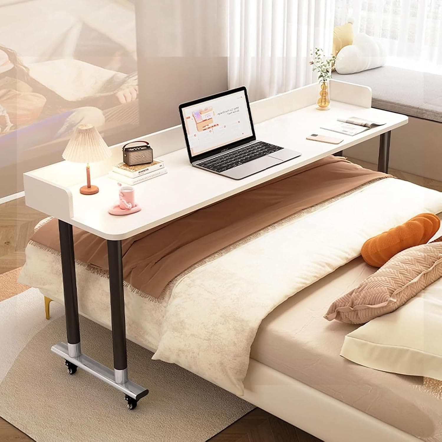 Overbed Table with Wheels, Adjustable Height Mobile Standing Laptop Table with Heavy Duty Metal Legs,Queen Bed Table,Rolling Medical Over Bed Table for Home(White1,150cm)