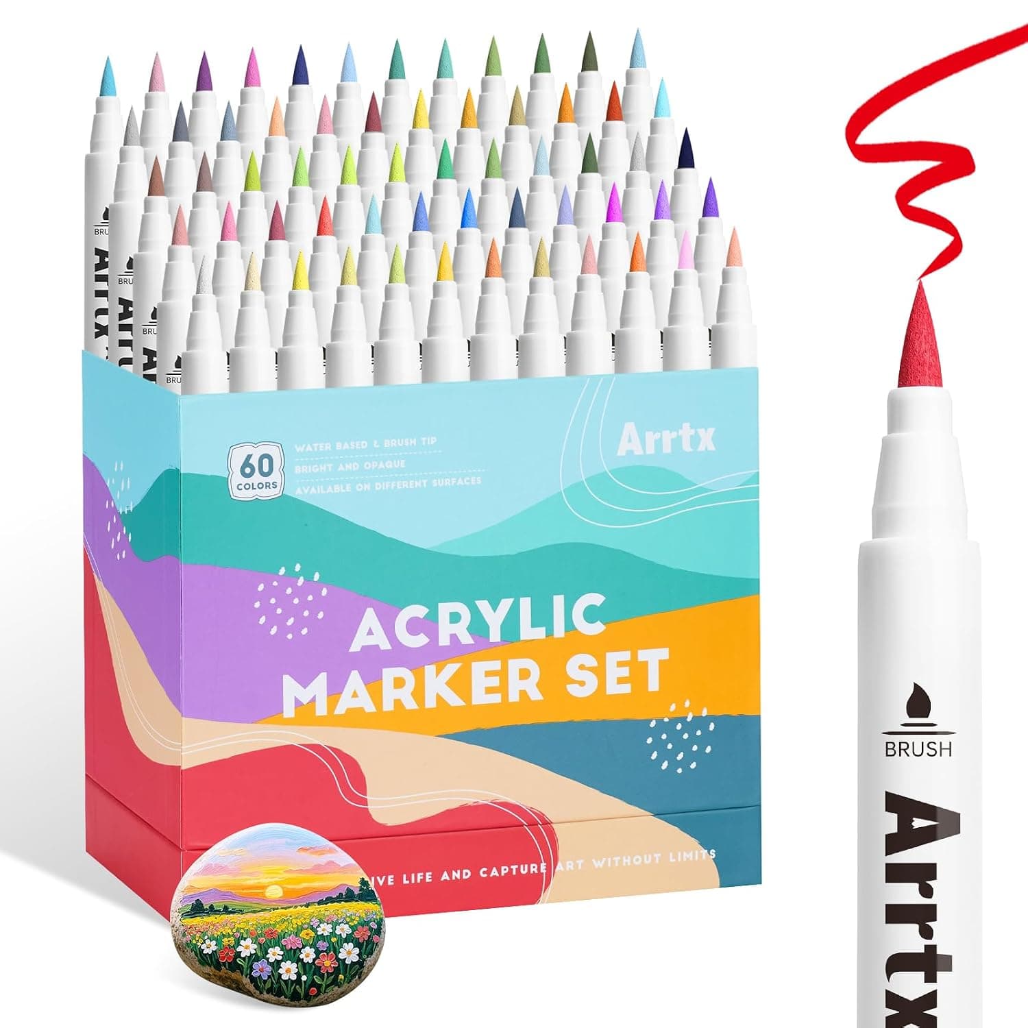 Arrtx 60 Colors Acrylic Paint Pens, Paint Markers Pens, for Artists Adults Coloring Drawing Scenery Landscape Natural- Brush Tip for Rock Painting, Wood, Canvas, DIY Crafts Making Art Supplies-60C