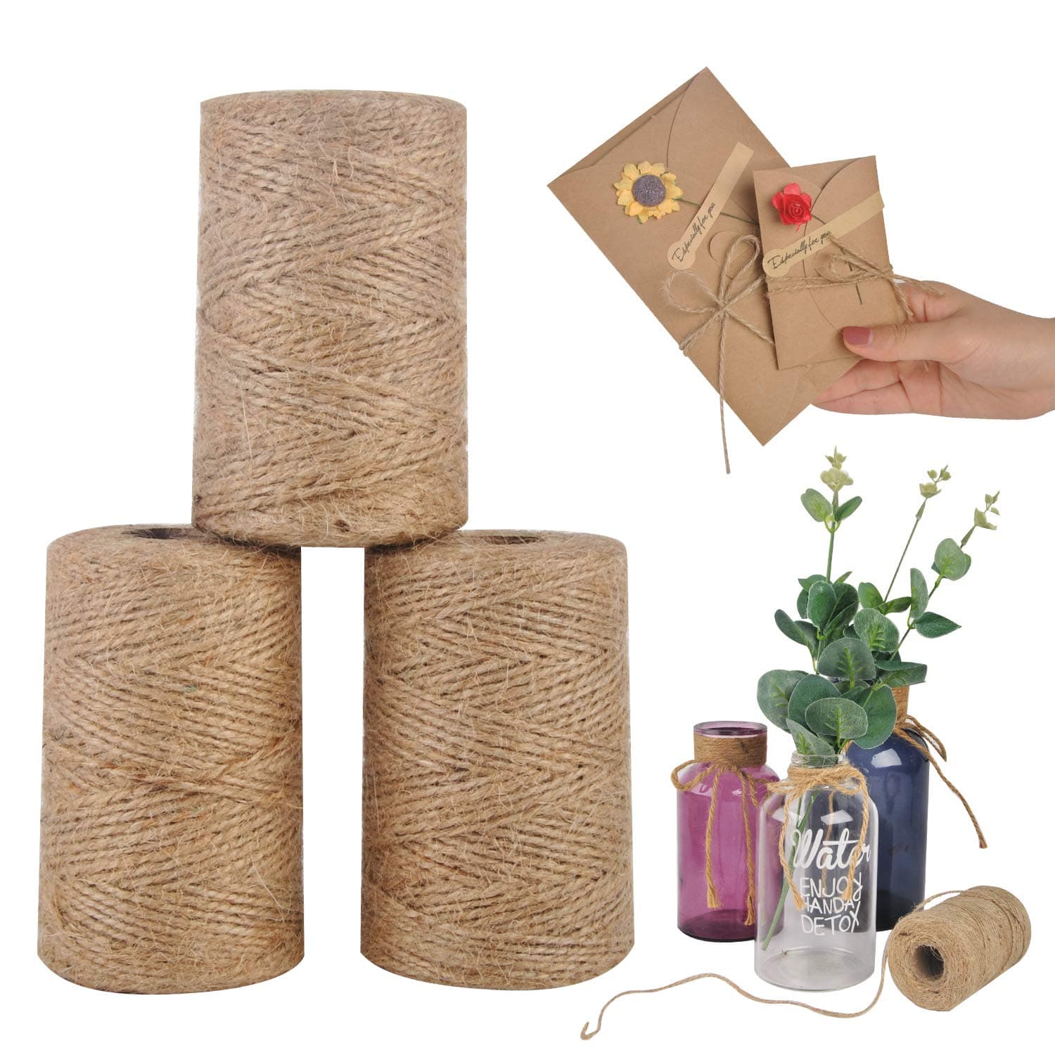 3 PcsX380 Feet 1mm 2ply Natural Jute Twine for Artworks and Crafts, Juke Twine, Gift Wrapping, Garden Twine